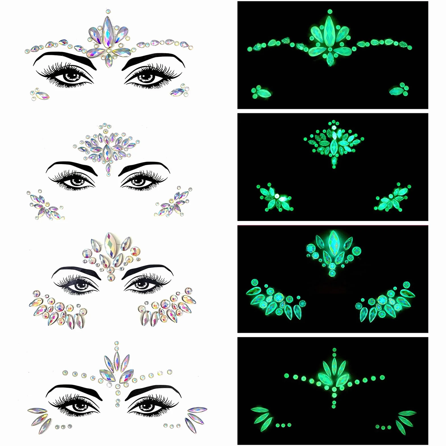 TNSLAND 4PCS Brillantini Viso Make Up Viso Gemme, Brillantini Adesivi Viso, Glitter Strass Make Up, Festival Strass Adesivi per Viso Gemme per Carnevale Musicale, Feste, Trucco, Glitter Corpo