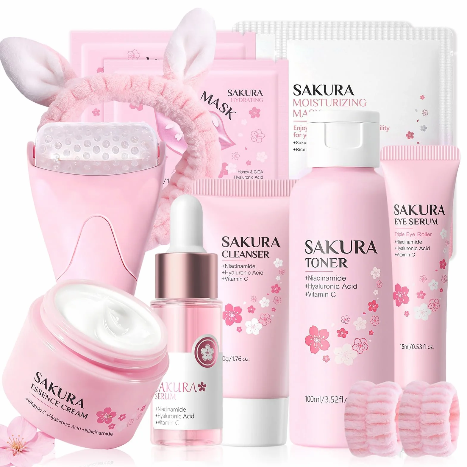 Kit per la Cura della Pelle Sakura 12 Pezzi,include Detergente, Tonico, Crema Viso, Maschera, Siero e Crema per Gli Occhi,Accessori,Set Skincare Viso Completo per Ragazze e Donne