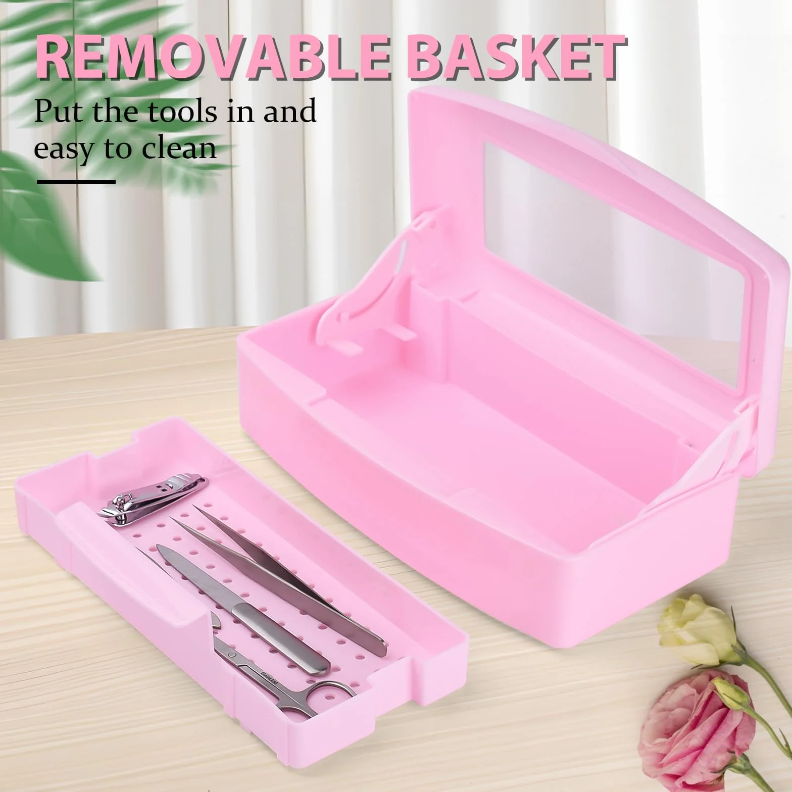 ATOMUS Scatola sterilizzatrice per unghie, vassoio in plastica per sterilizzazione, organizer per pinzette, extension per ciglia, strumenti per l'applicazione delle unghie (rosa)