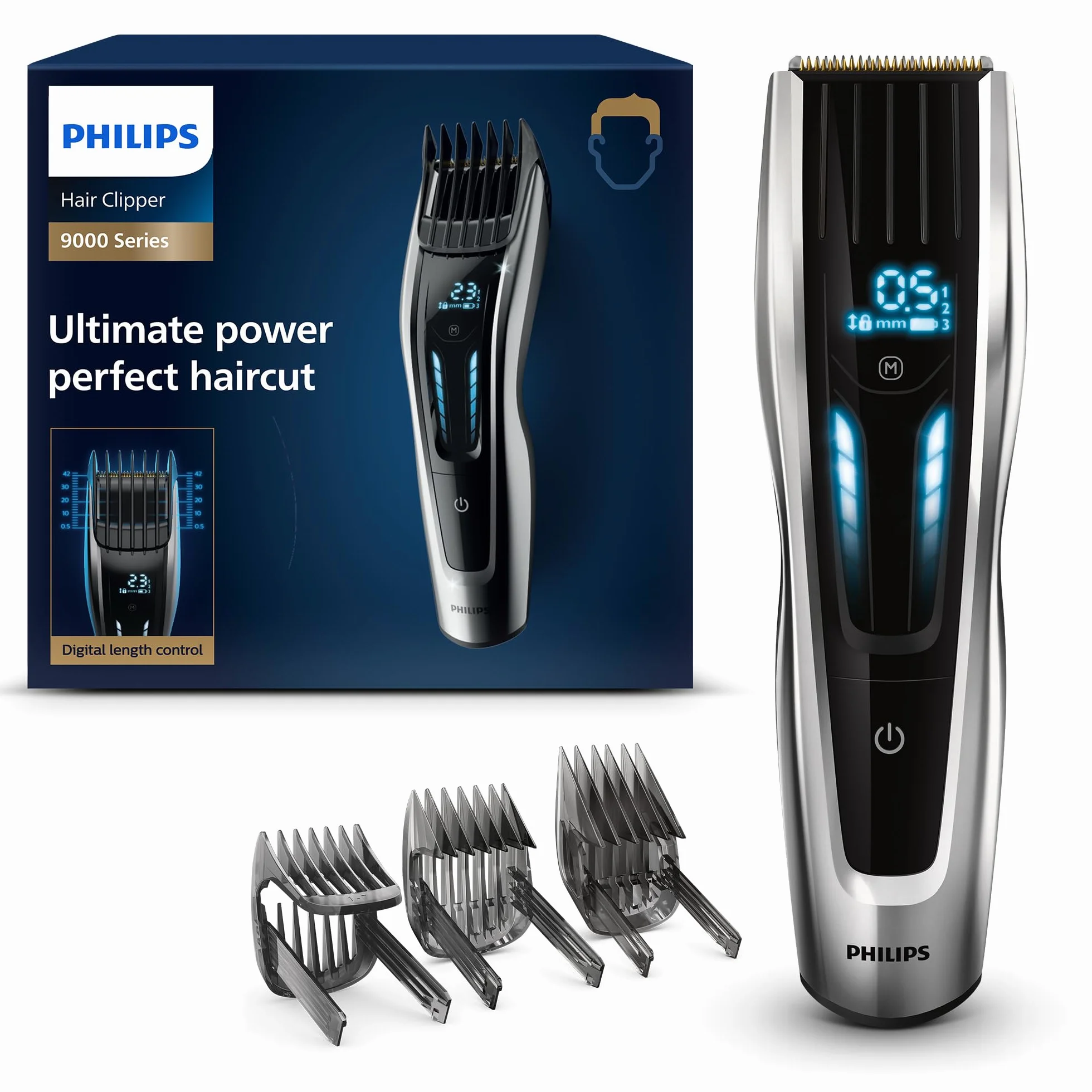 Philips HC9450/15 Serie 9000 Regolacapelli con Pettini Motorizzati, Lame in Titanio, 400 Impostazioni di Lunghezza, Precisione 0.1 mm, Tempo Funzionamento 120 min