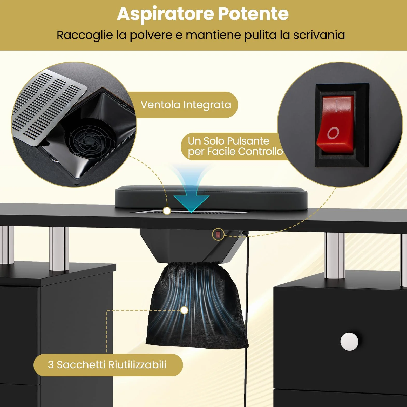 COSTWAY Tavolo Manicure con Aspirapolvere, Tavolo Unghie con Cassetti, Spina, 3 Sacchetti, Armadietto, Cuscino Poggia Polso e 8 Ruote blocabili, Banco Ricostruzione Unghie in Legno (Nero)