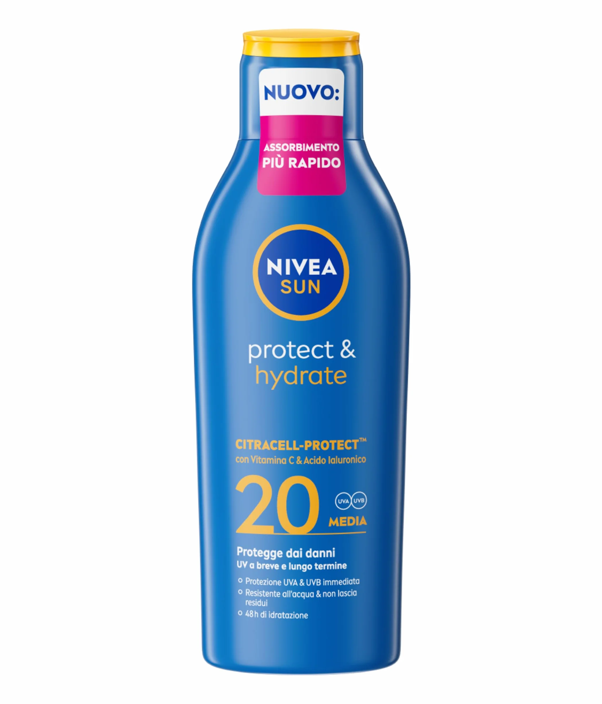 NIVEA SUN Protect & Hydrate SPF 20 200 ml, Crema solare 20 idratante 48h ad assorbimento rapido, Protezione solare 20 resistente all'acqua arricchita con Vitamina C e Acido Ialuronico