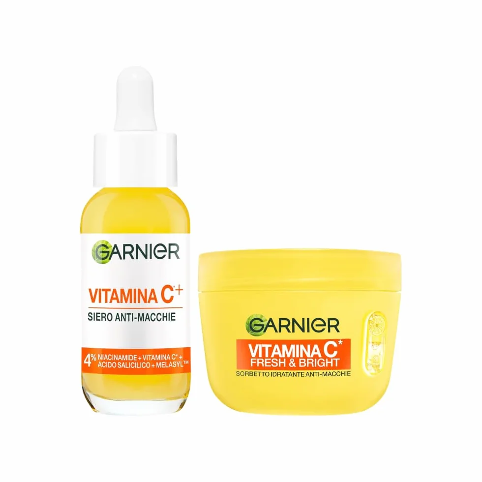 Garnier Routine Anti-Macchie: Siero Vitamina C Viso Potenziato con Niacinamide e Melasyl 30ml e Fresh & Bright Sorbetto Vitamina C Crema Viso Idratante Ultra Leggera 85ml