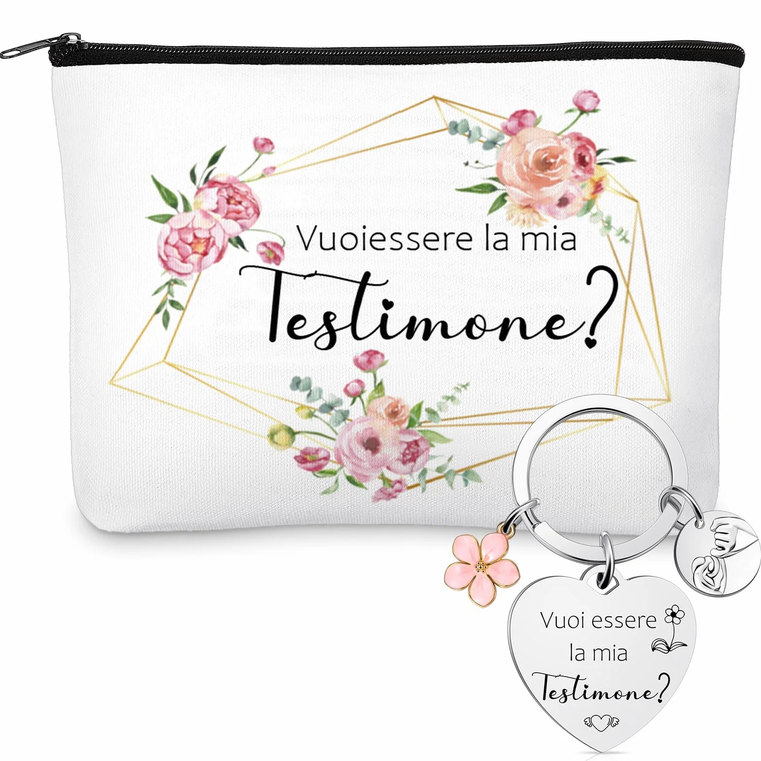 Tenare Set Regalo per Testimone di Nozze Borsa Cosmetica in Tela e Portachiavi con Scritta Vuoi Essere la Mia Testimone Regalo per Damigella d'Onore Rischiesta Proposta Testimone di Nozze