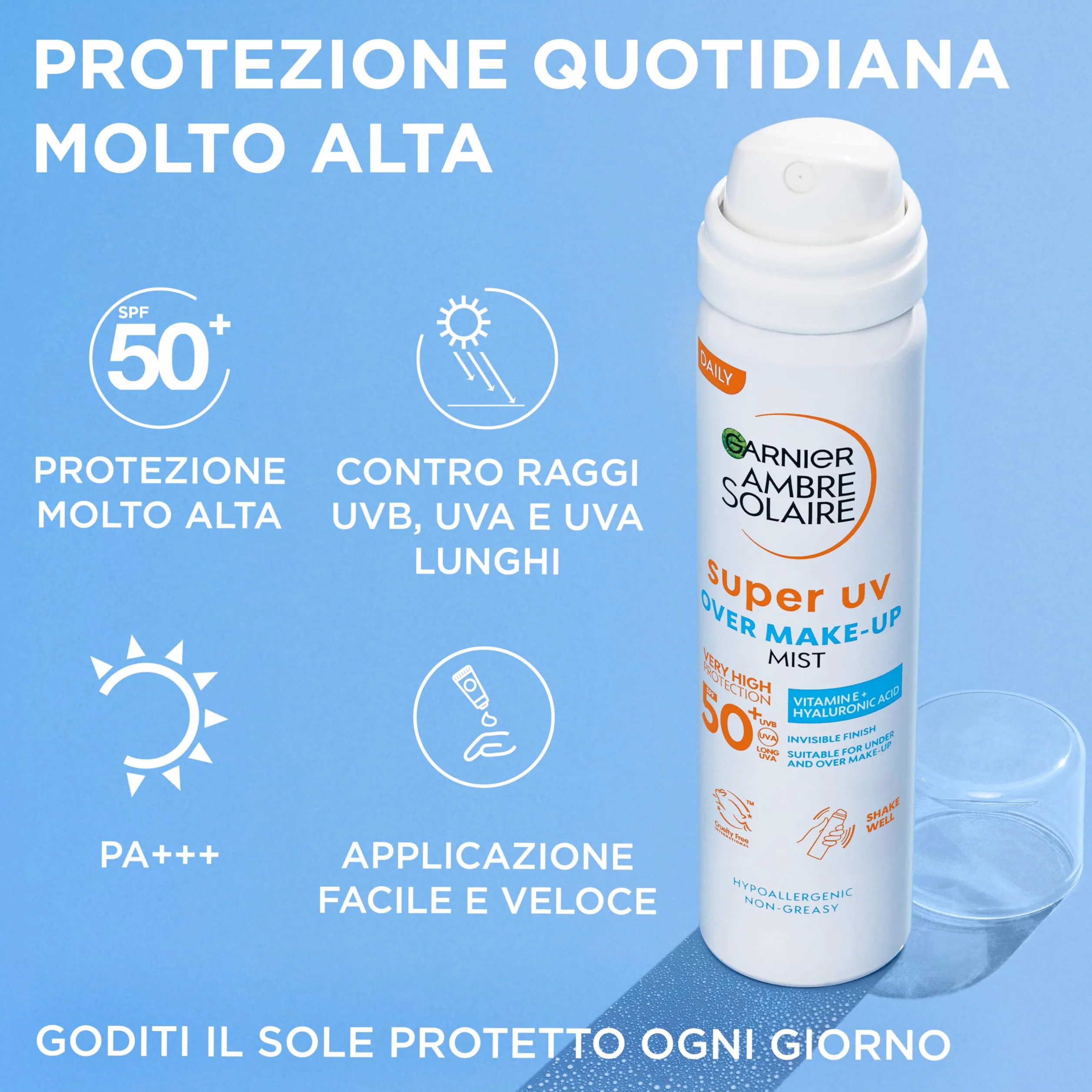 Garnier Spray Fissante Make Up con Protezione Solare SPF50+, Protezione da Macchie Scure, Trucco Perfetto a Lungo, Formula Vegana con Glicerina, Vitamina E e Acido Ialuronico, Ambre Solaire, 75 ml