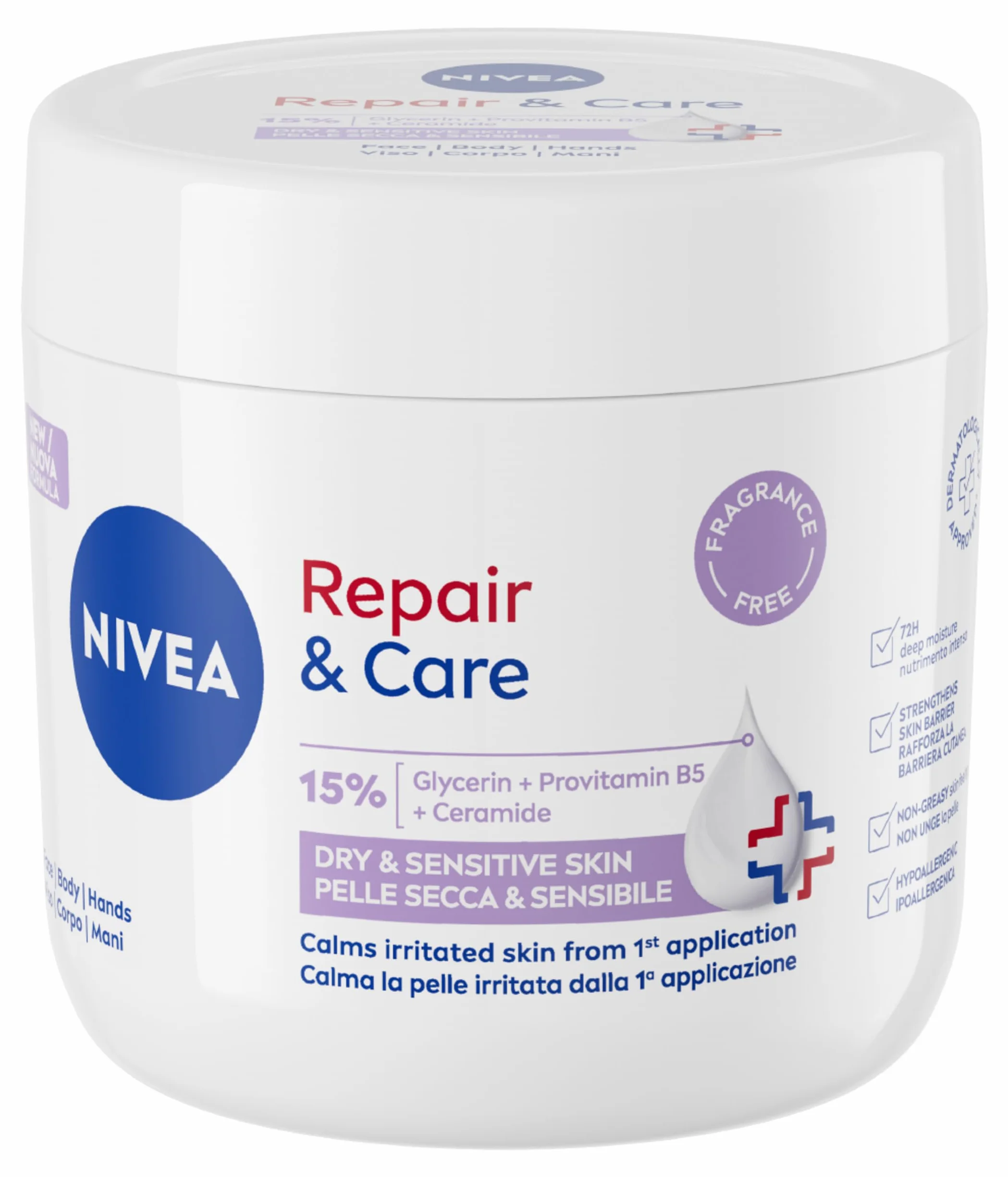 NIVEA Repair & Care Sensitive Senza Profumo 400 ml, Crema multiuso idratante 72H per pelle secca e sensibile, Crema corpo, viso e mani ipoallergenica con 15% Glicerina, Provitamina B5 e Ceramidi
