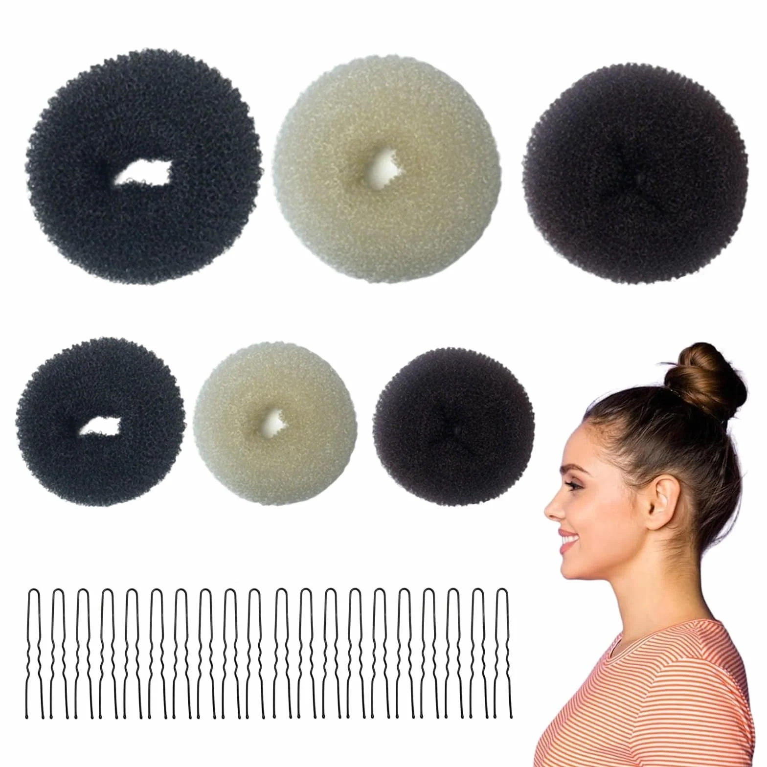 Ciambelle per Chignon 6Pz, Magic Hair Bun Maker per Acconciature, 20 Clip a Forma di U, Chignon Facile per Bambine e Donne, Adatto per Ogni Stile di Capelli, Alta Qualità e Facile da Usare