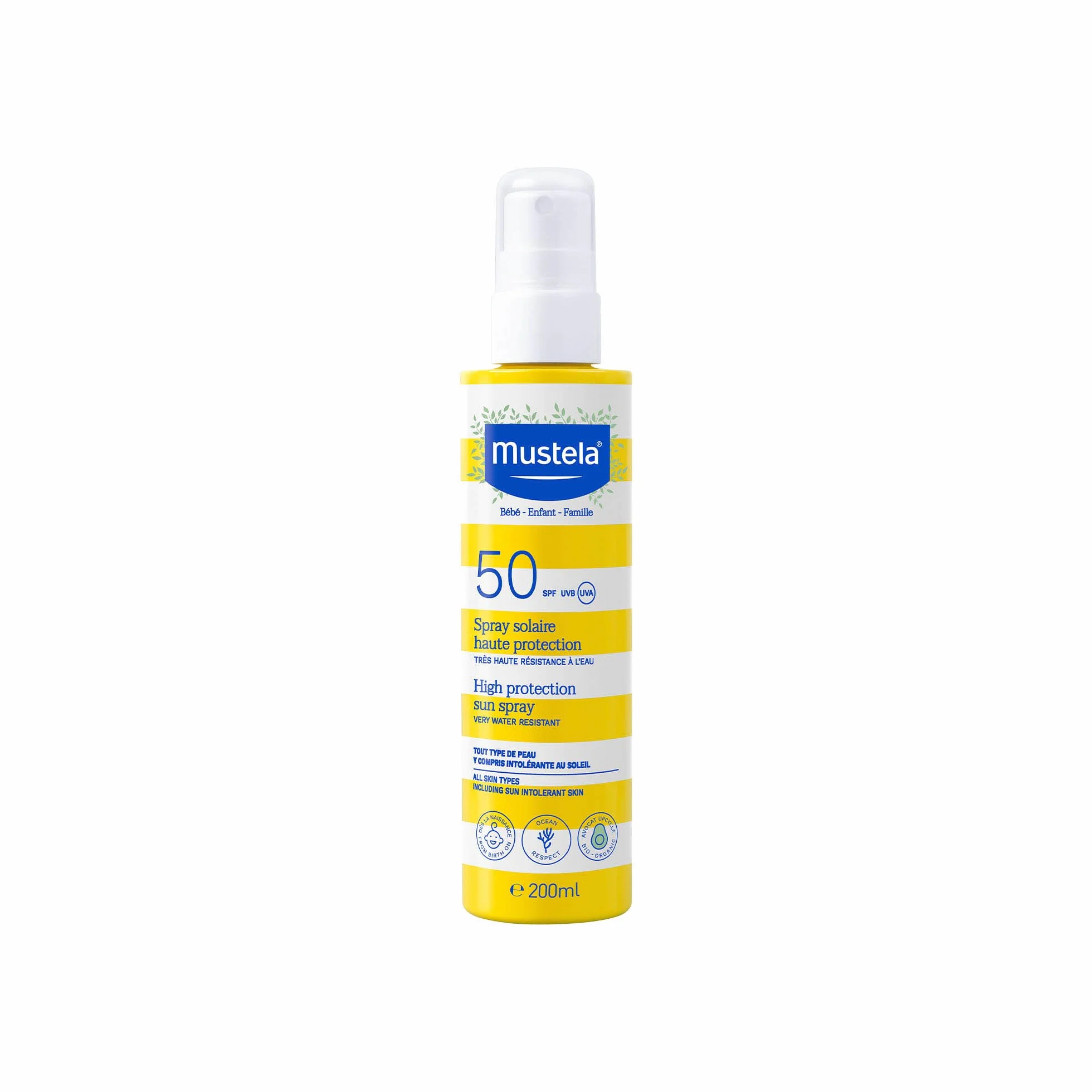 Mustela Spray Latte Solare Spf 50, Viso, Corpo, Con Avocado e Vitamina E, Neonati, Bambini, Tutta la Famiglia, Adatto in Gravidanza - Protezione Molto Alta dai Raggi UVB e UVA (200ml)