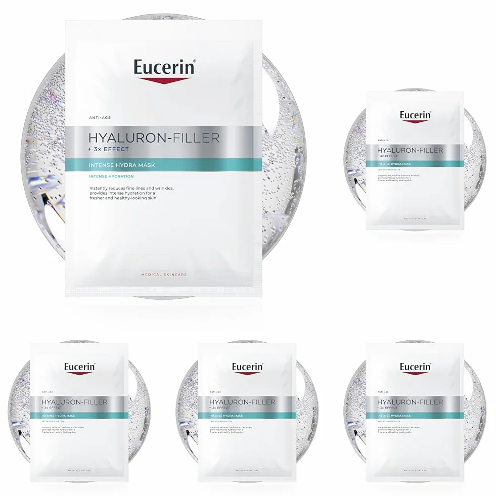 Eucerin Hyaluron-Filler Hyaluron Maschera Intensiva, Maschera viso antirughe in tessuto di biocellulosa, Formula idratante con Acido Ialuronico per tutti i tipi di pelle (Confezione da 5)