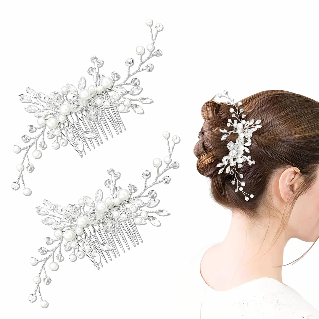 Fermaglio Capelli Sposa Argentato Con Cristalli, 2 Pettini Eleganti Per Matrimonio E Occasioni Speciali, Set Completo Per Donne E Ragazze