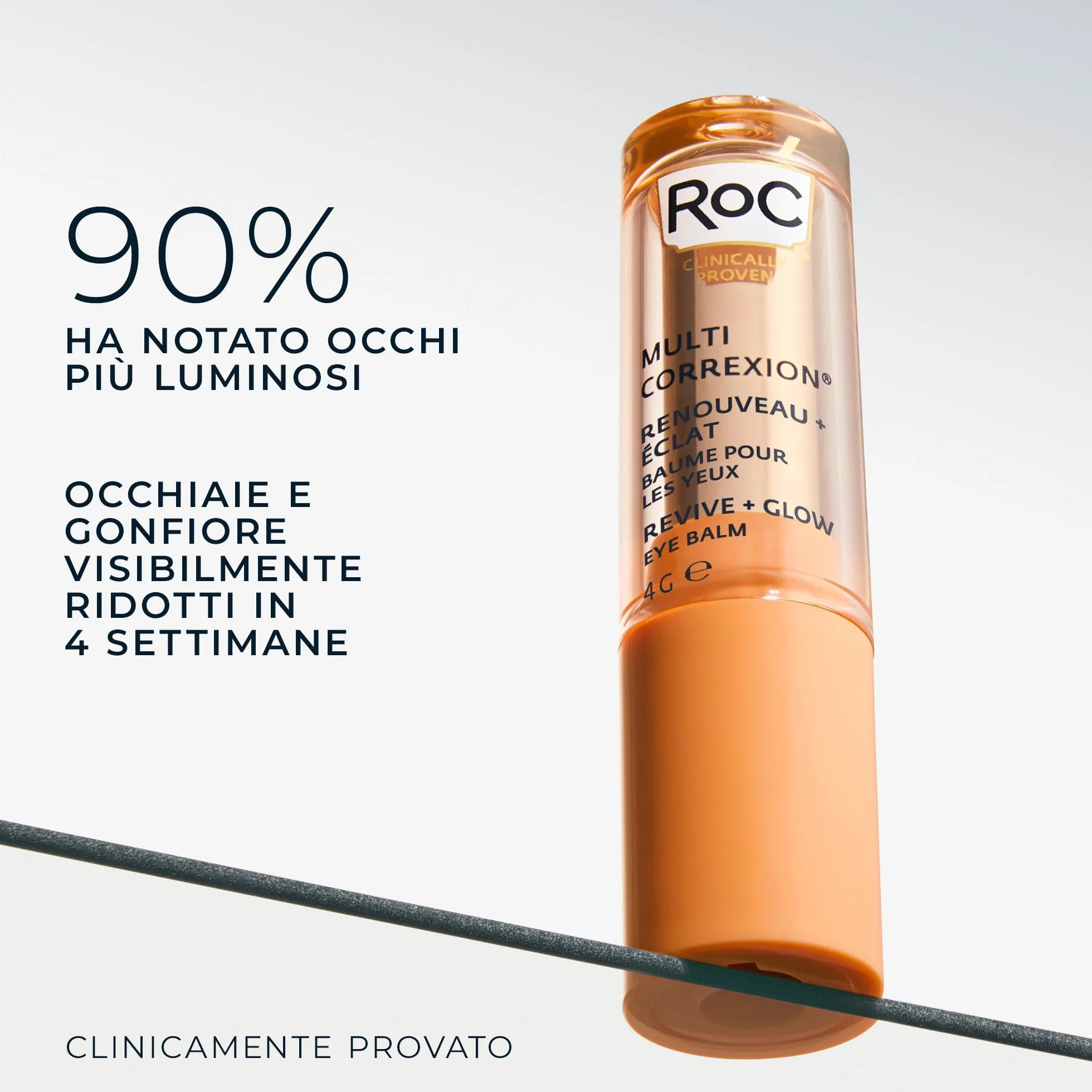 RoC - Multi Correxion Revive + Glow Balsamo Occhi - Formula Alla Vitamina C E Ai Peptidi - Riduzione Delle Cricche Scure E Delle Borse - Applicazione Senza Contatto - Ipoallergenico - 4g