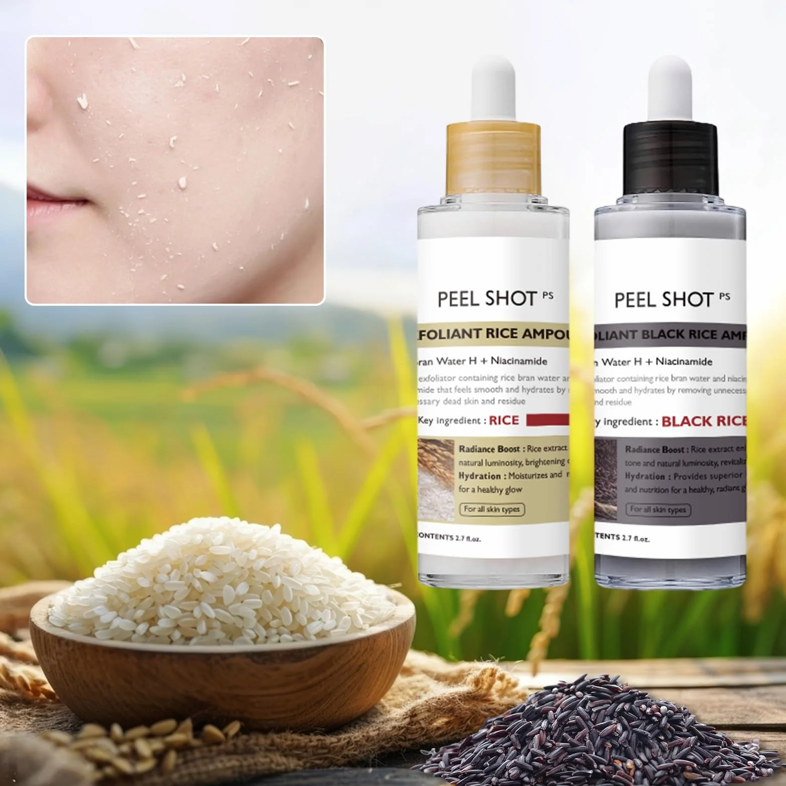 Siero Coreano Esfoliante al Riso, Peel Shot Glow Rice Ampoule Duo, Siero Esfoliante al Riso, Coreano Punti Neri Rimozione, Riduce Pori, Idratante e Illuminante, pelli sensibili (80ml* 2 Pack)