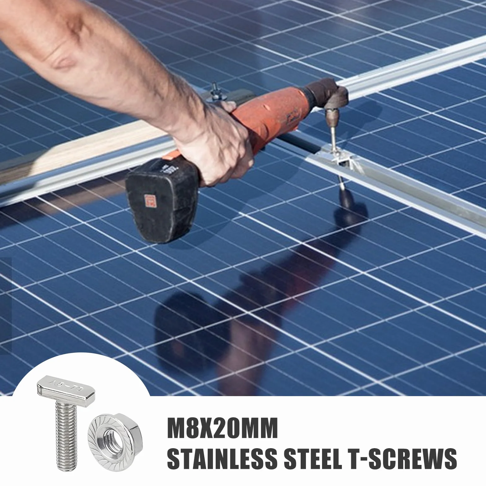 Viti a Testa Martello M8 x 20 Pezzi 10 con Dadi Flangiati per Guide di Montaggio Solare PV