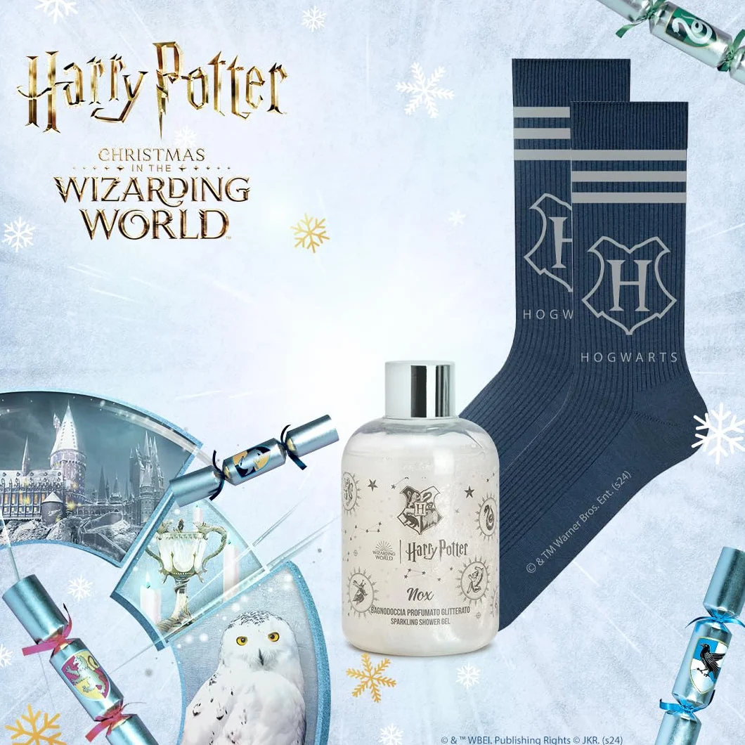 HARRY POTTER NOX | Confezione Regalo, Shower Gel 300ml e Calzini Ufficiali 'Hogwarts', Blu-Grigio