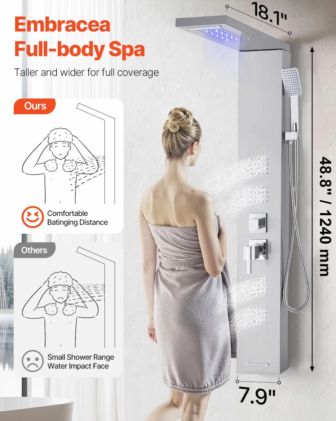 VEVOR Pannello Doccia a Torre con Soffione a Cascata LED, Colonna Doccia in Acciaio Inox Spazzolato 1345 mm, Rubinetto 5 Funzioni con Doccetta e Beccuccio per Vasca