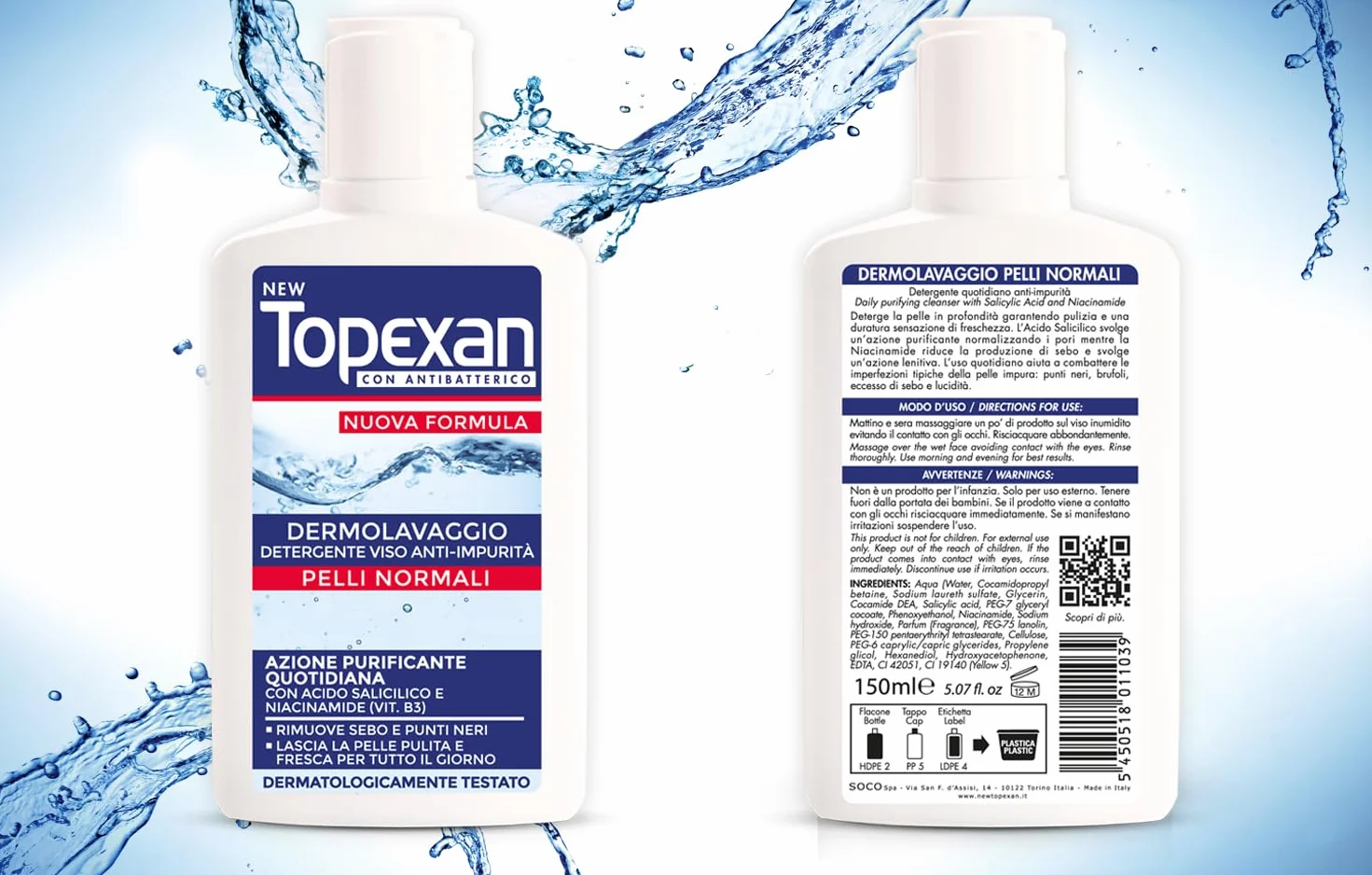 NEW TOPEXAN Dermolavaggio Anti-impurità - Detergente viso ad azione purificante - con Acido Salicilico e Niacinamide - Rimuove sebo e punti neri - Uso quotidiano - 150ml