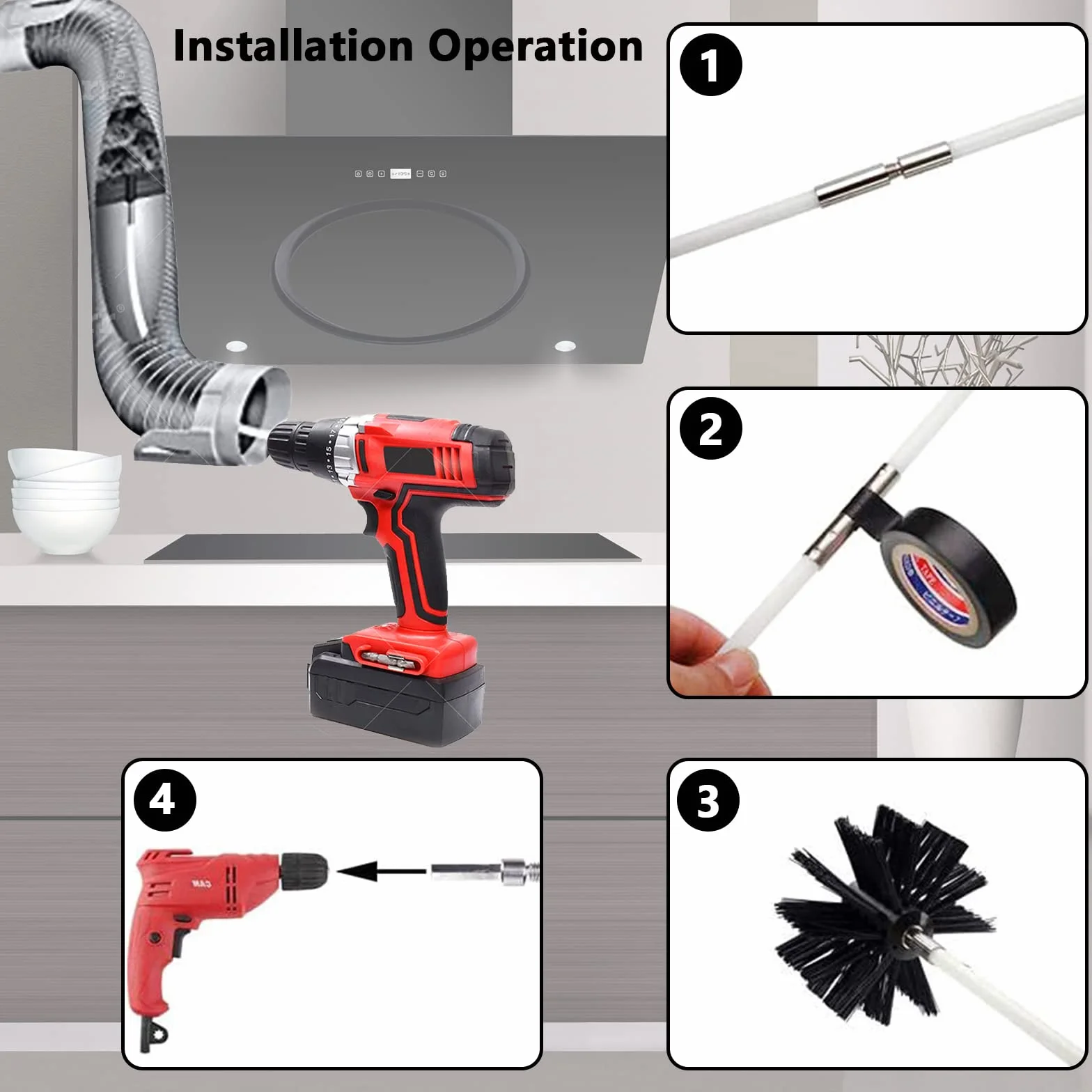 Spazzola Pulizia Camino 150mm con 12 Aste Flessibili 410mm e 2 Testine Kit per Canna Fumaria