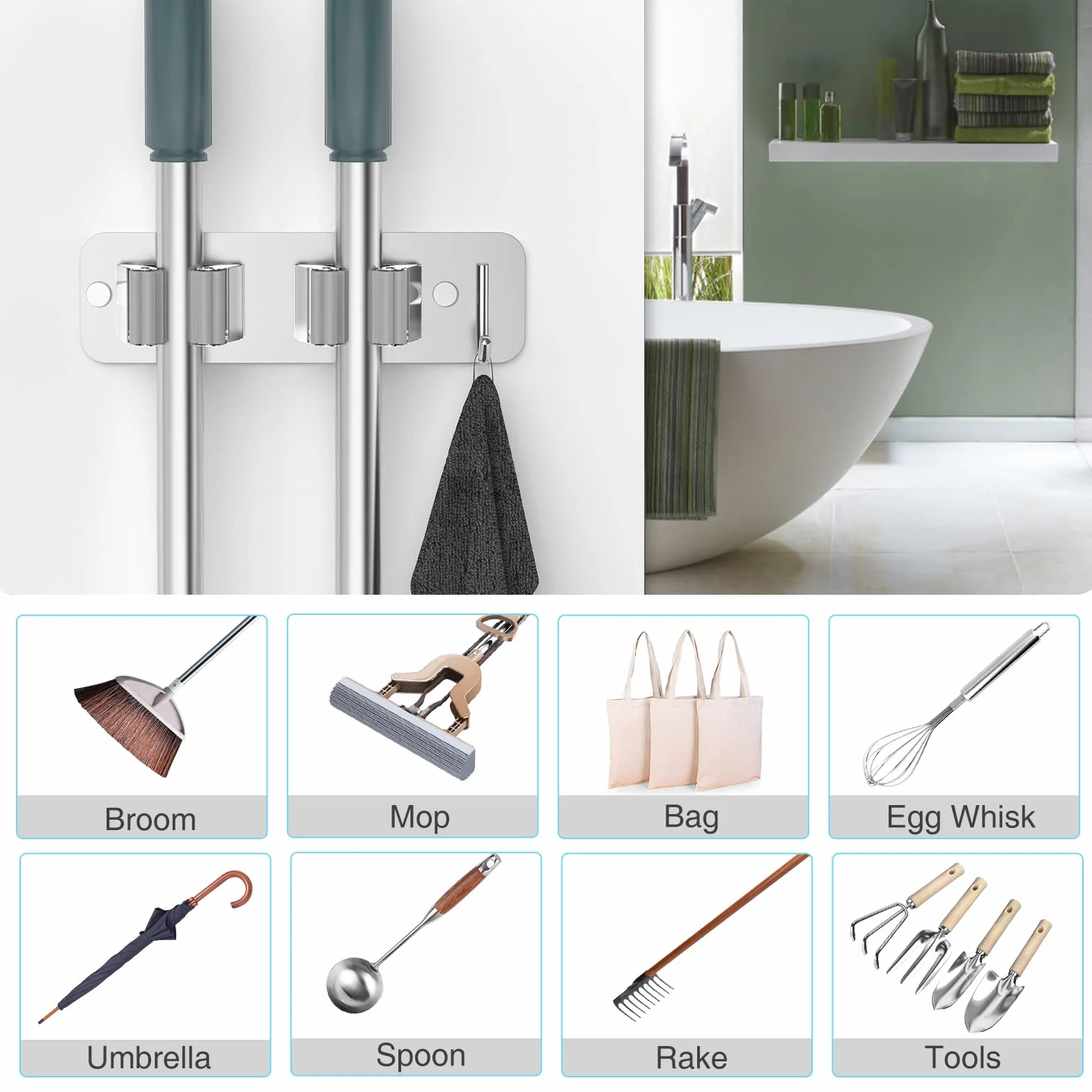 HOMEASY Porta Scope Parete 2 Pezzi, Portascope da Muro in Acciaio Inox, Argento