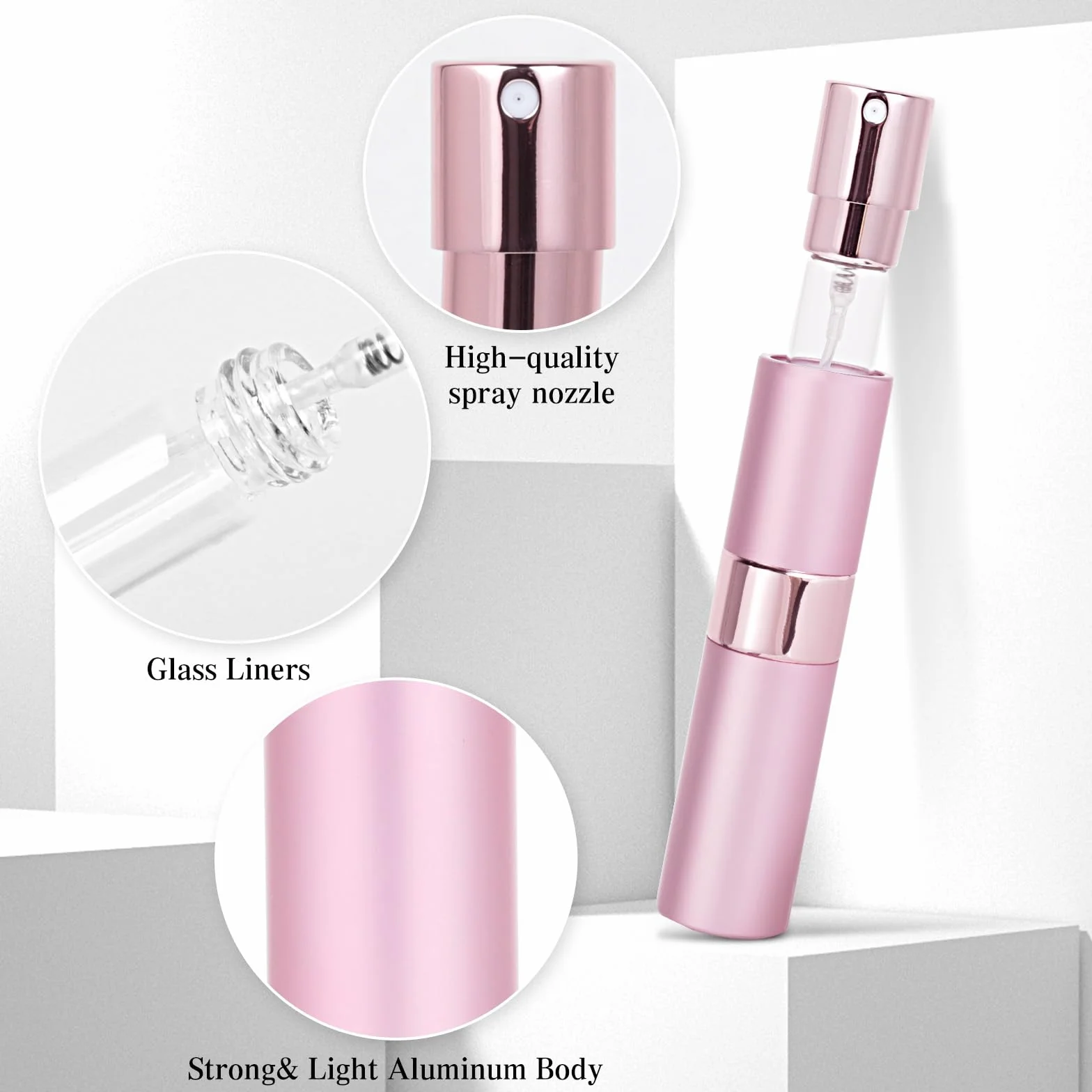 AiQInu porta profumo da viaggio, 3 pezzi 8ml Mini bottiglie spray portaprofumo da viaggio ricaricabile con dispenser per i viaggi e le uscite (rosa + argento + nero)