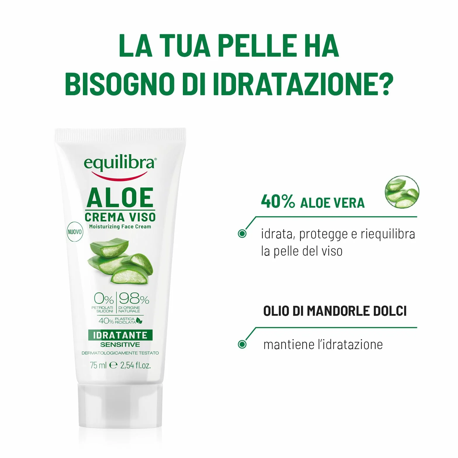 Equilibra Viso, Aloe Crema Viso, Crema Viso Idratante E Lenitiva A Base Di Aloe Vera Per Pelli Sensibili, Delicata, Protettiva, Si Assorbe Velocemente Senza Ungere, 75 Ml