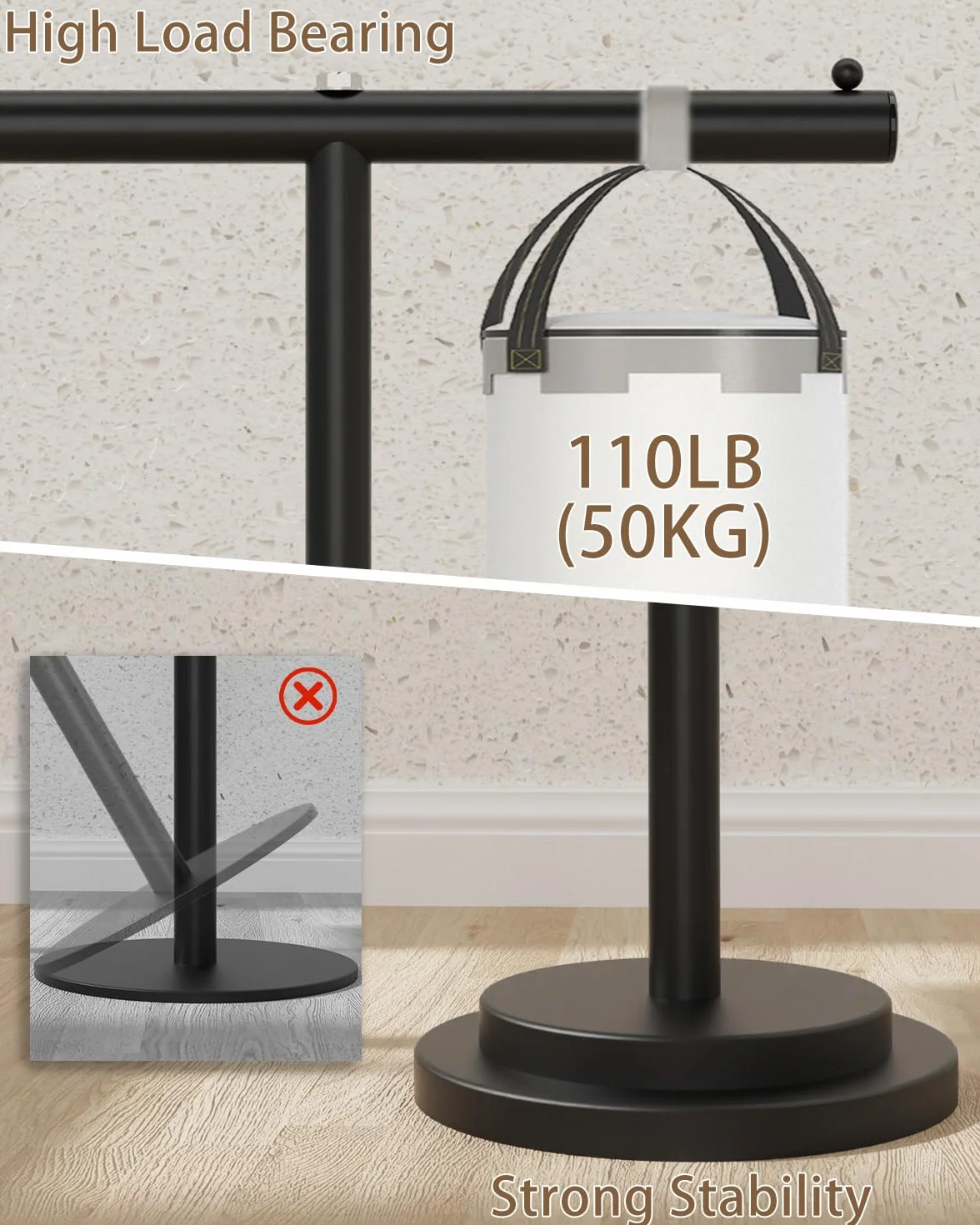 Portasciugamani da Terra a Forma di T Acciaio Inox Regolabile 46-80x41x24 cm Nero Set da 2
