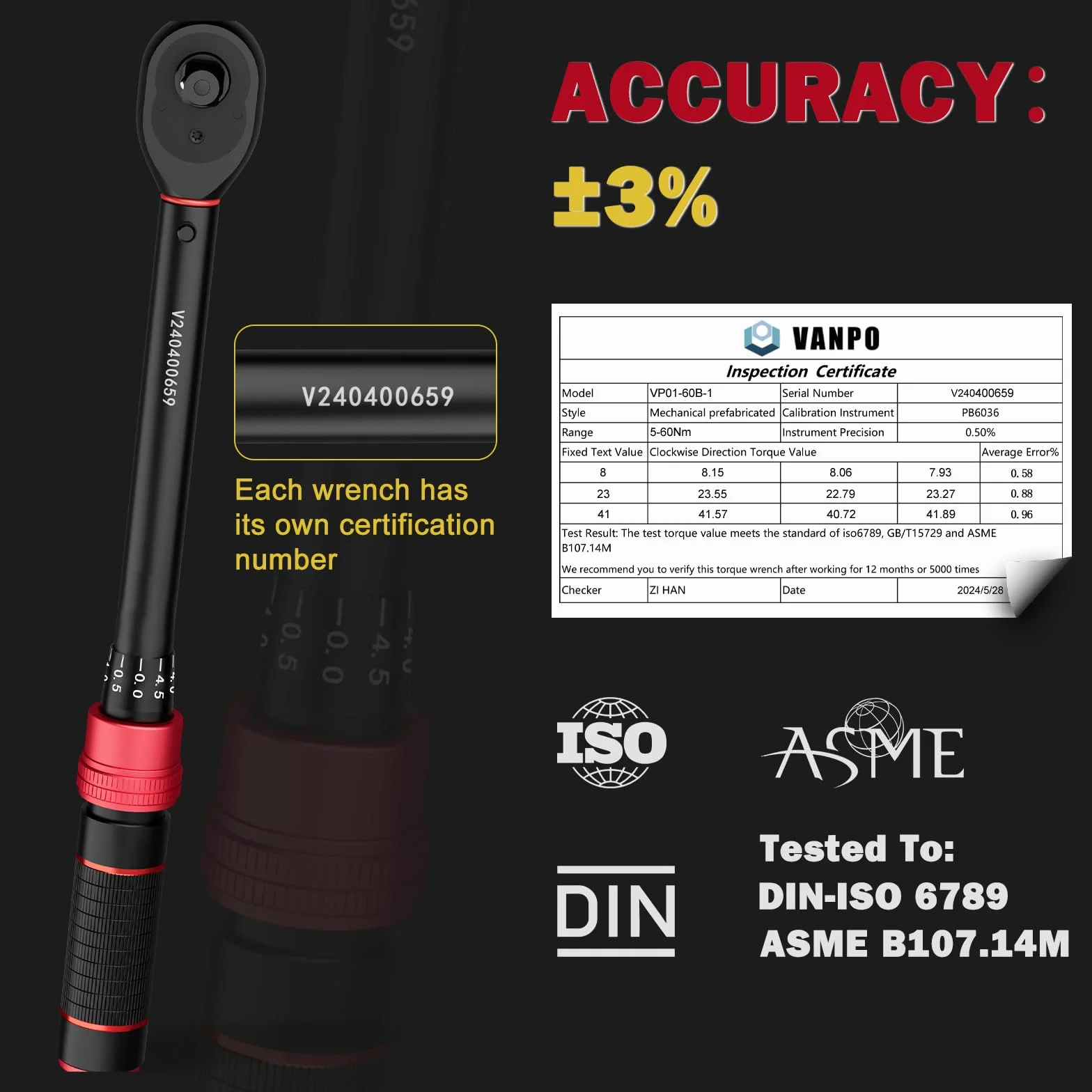 VANPO Chiave Dinamometrica 5-60Nm 3/8" 72 Denti Set 3 Pezzi con Barra Prolunga 125mm e Adattatore