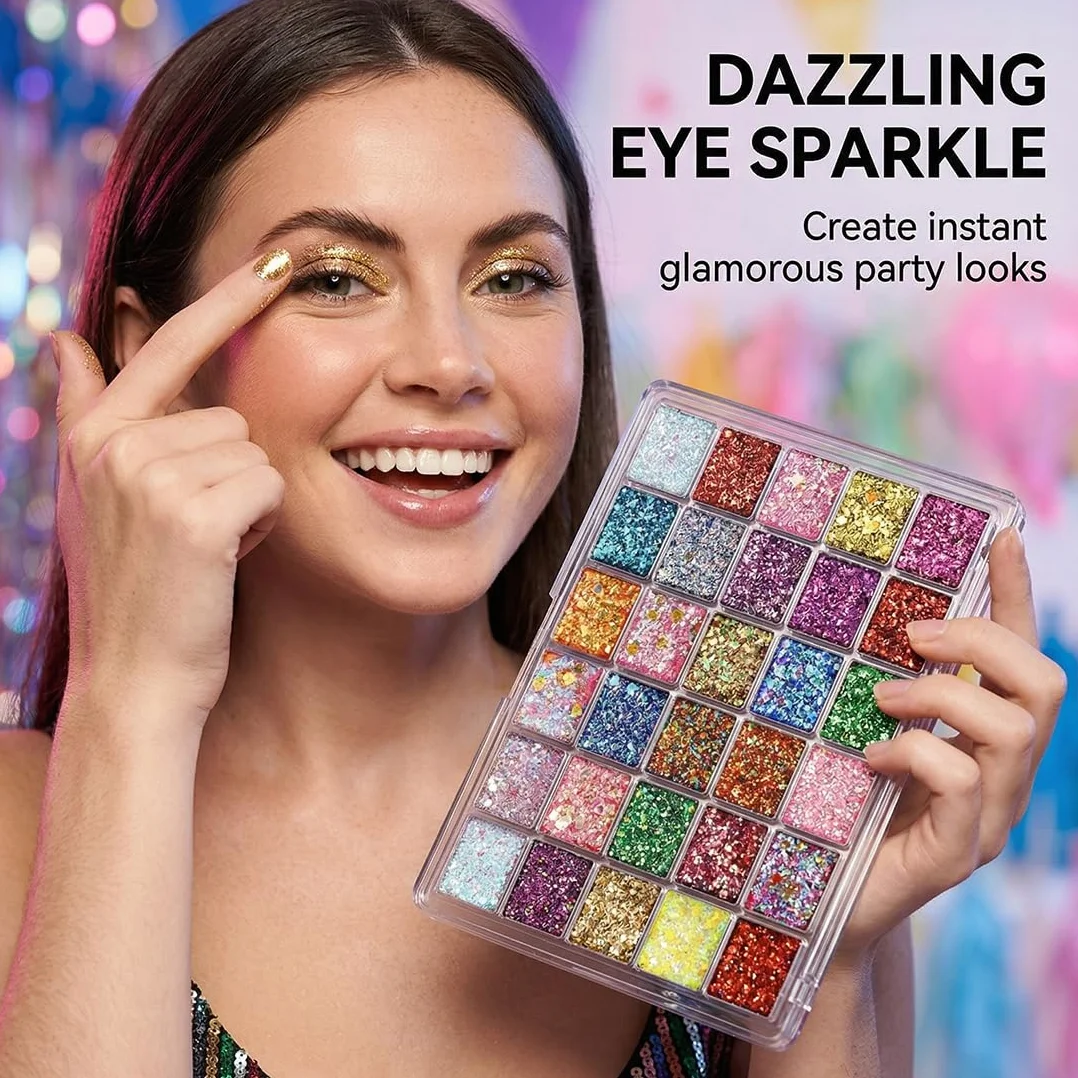 Palette Ombretti Glitter 40 Colori, Altamente Pigmentata per Viso & Corpo. Effetto Gel Lunga Durata per Trucchi Carnevale, Festa, Adulti & Bambini.