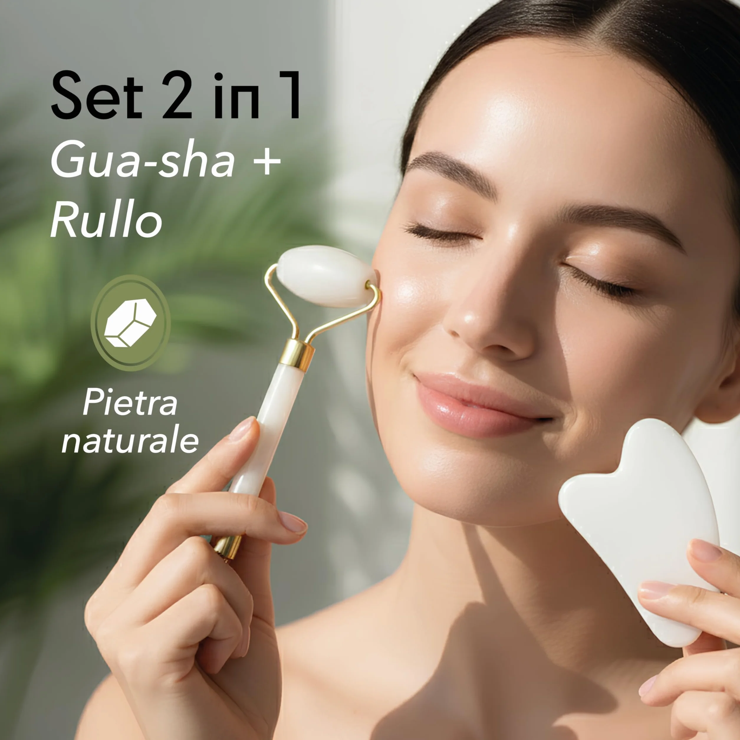 Gua Sha Viso e Rullo di Giada – Pietra Naturale per Massaggio Viso Lifting, Rullo Viso Quarzo Rosa Anti Gonfiore, Strumento Beauty Tool Relax