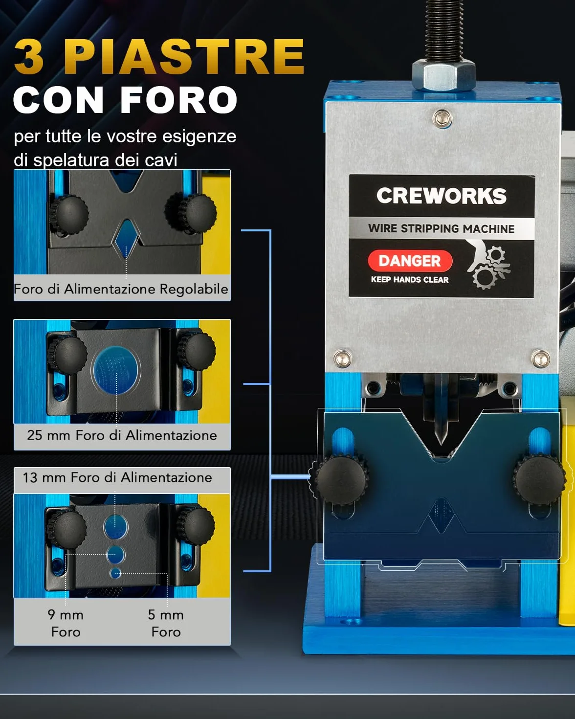 CREWORKS 180W Professionale Spellacavi Elettrica con 3 Piastre Foro 5 Canali per Cavo Φ1.5-25mm Spelafili Sguainacavi per Riciclaggio Cavi