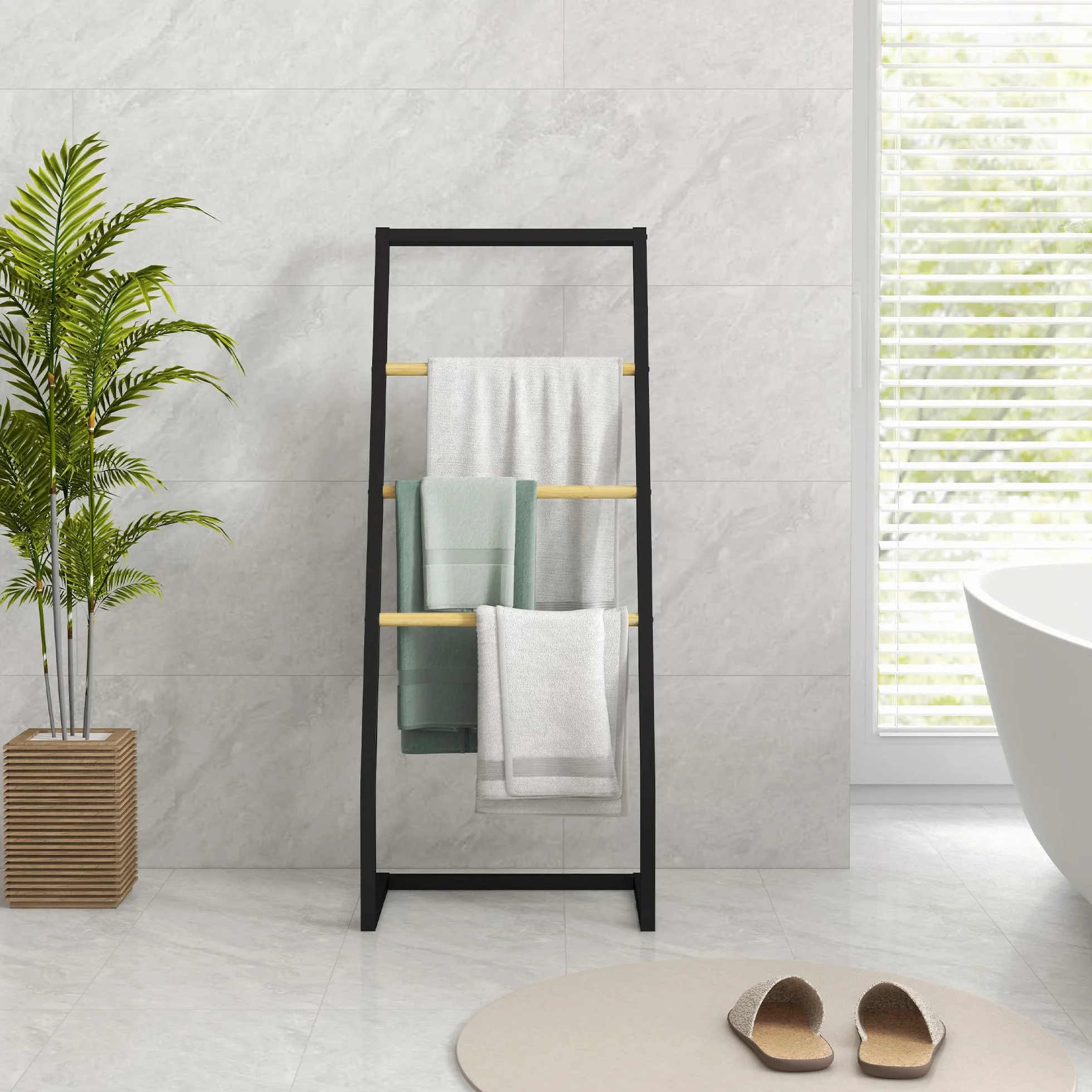 HOMCOM Portasciugamani a 4 Livelli in Acciaio e Bambù, 40.5x28x98 cm, Nero