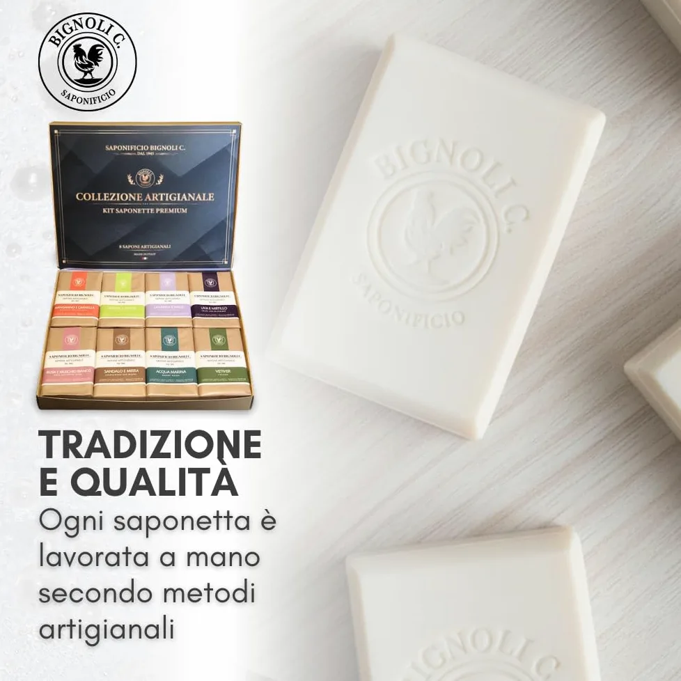 Bignoli Set Regalo Saponette Artigianali – 8 saponi corpo profumati in cofanetto premium, artigianale Made in Italy con formule tradizionali e confezioni singole (Classic)