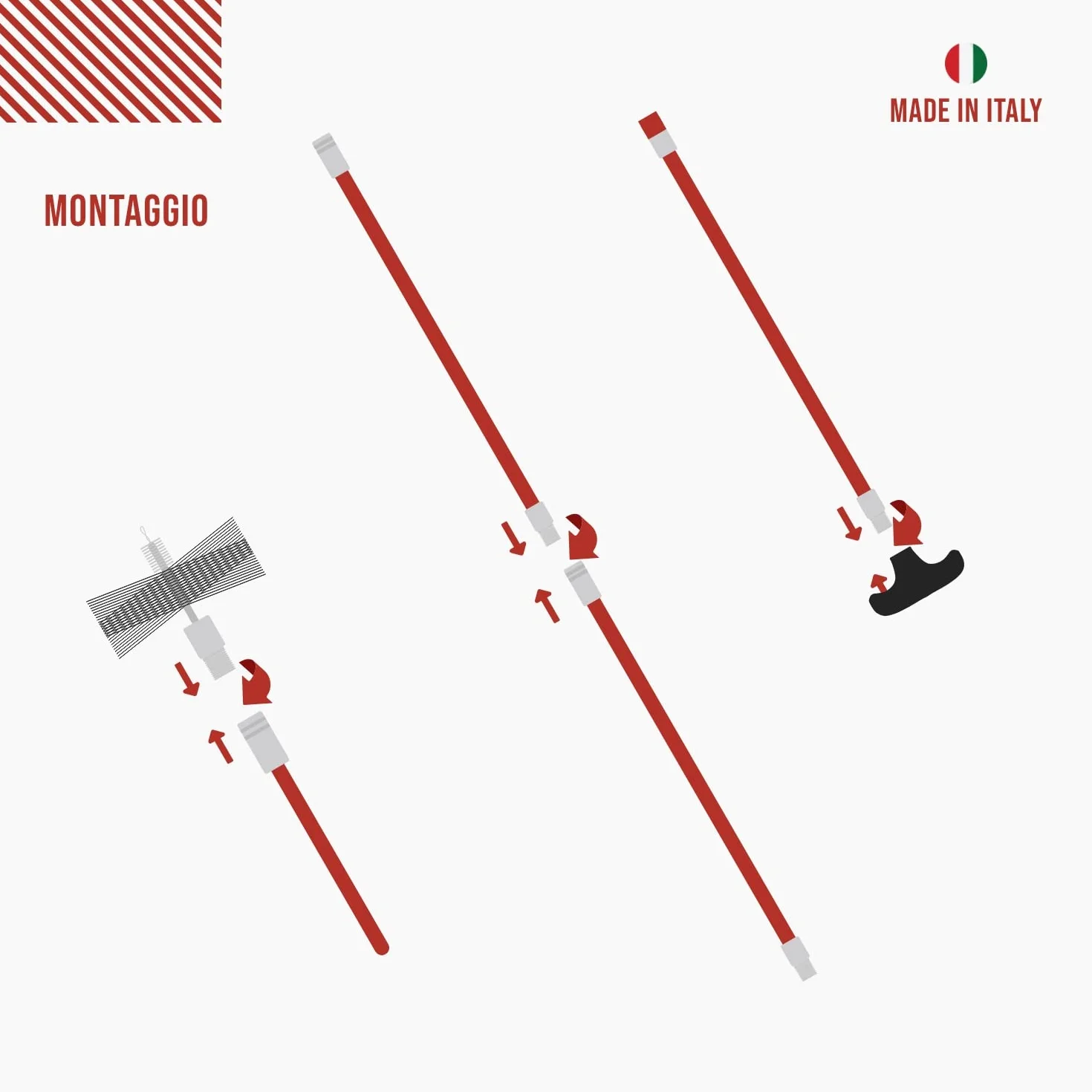 BARETTO Ricambio Aste Kit Pulizia Canna Fumaria 10 Prolunghe Lineari 1m Curvatura 45° Attacco M12 Manico