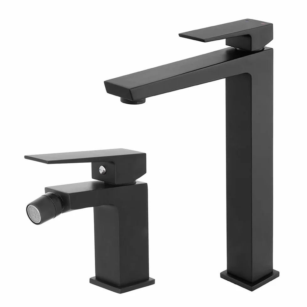 Set Miscelatori per Lavabo Alto e Bidet in Ottone Nero Opaco Linea Kubo con Pilette Click Clack e Kit Montaggio