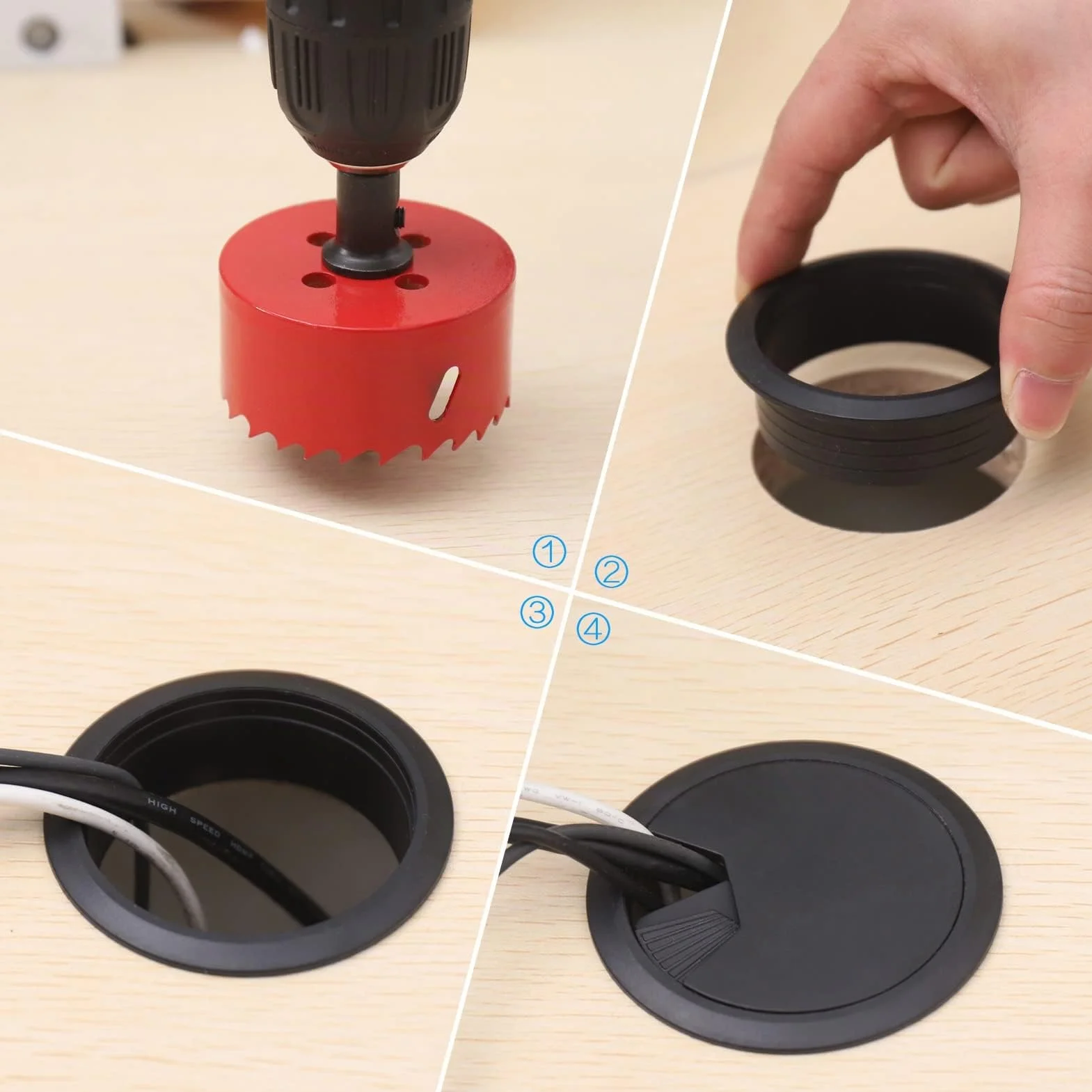 Passacavi Scrivania Diametro 60 mm da Incastrare Copri Foro di Copertura per Organizzare Filo 10 Pezzi con Sega a Tazza