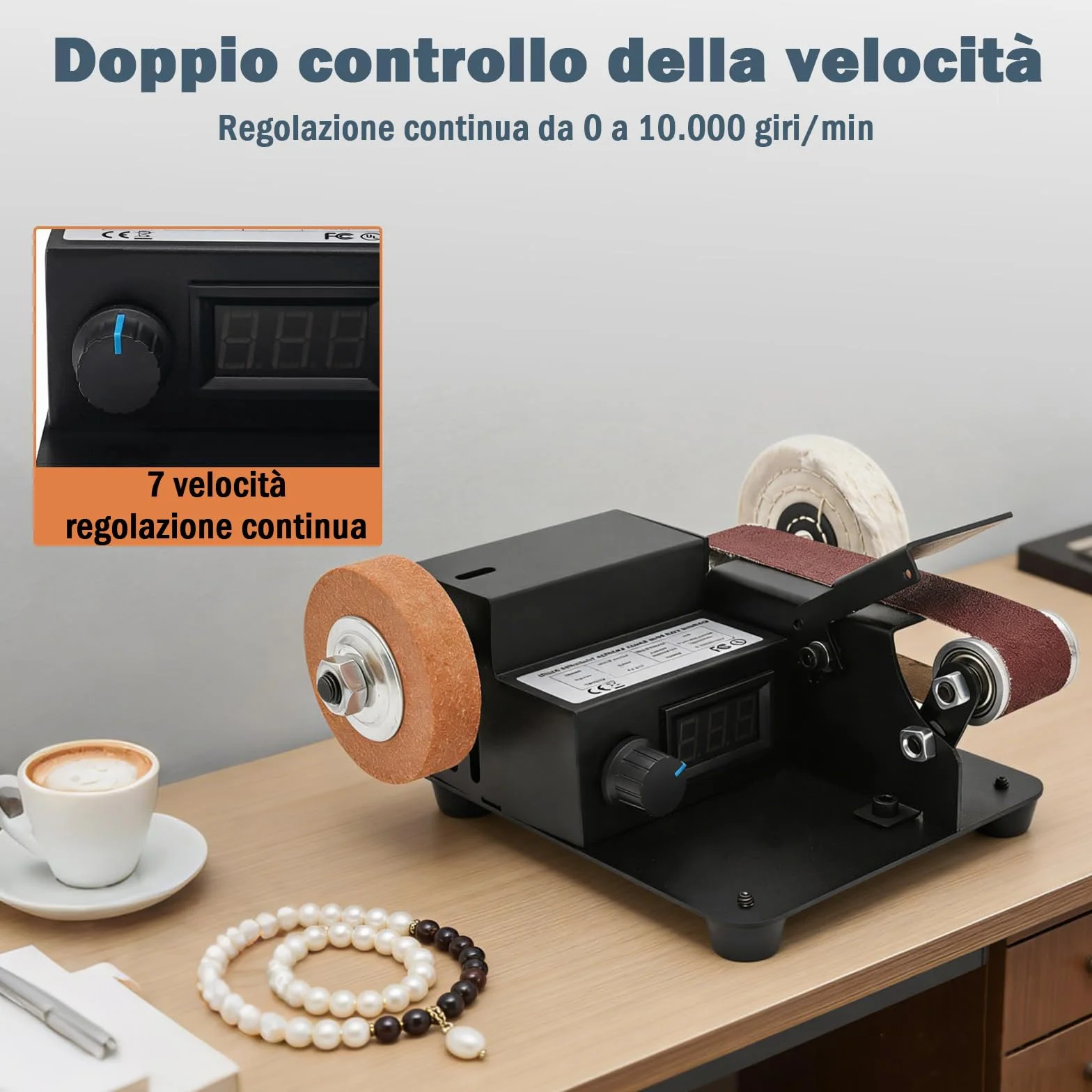 Mini levigatrice a nastro elettrica 350 W 0-10000 giri/min professionale da tavolo 7 livelli con nastri abrasivi
