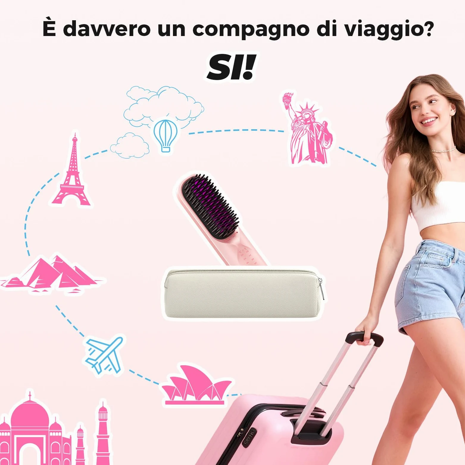 Bopcal Spazzola Lisciante per Capelli 10000mAh - 3 in 1 Spazzola Lisciante Senza Fili 300 Milioni di Ioni, Riscaldata 30S, Ceramica antiscottatura, Viaggio, Portatile e Powerbank JDS1