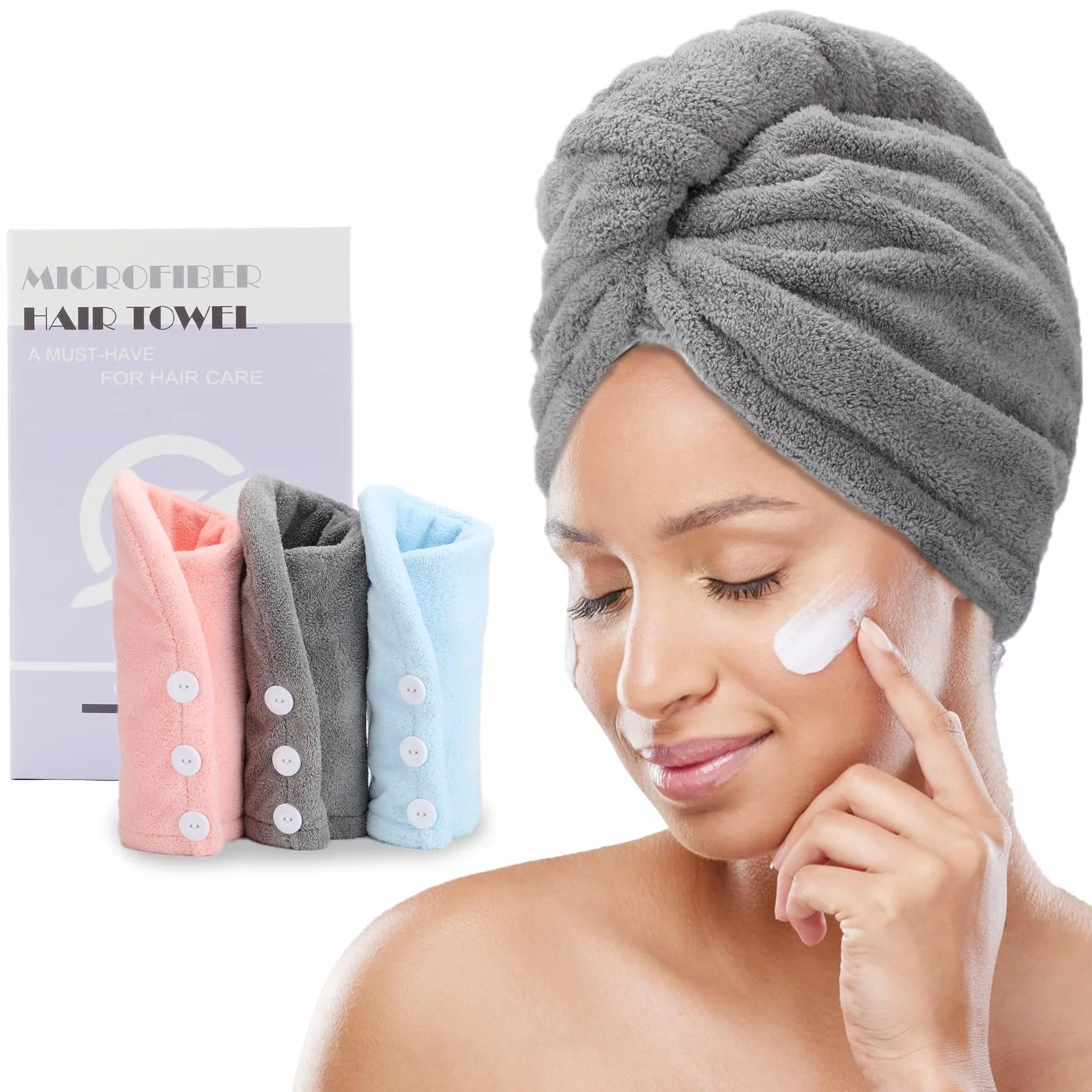 FREATECH 3 Pezzi Asciugamano Capelli in Microfibra - Asciugare Rapidamente i Capelli Bagnati senza Crespo, Turbante Capelli Morbido e Assorbente con 3 Bottoni per Donna, Bambino, Capelli Lunghi Ricci