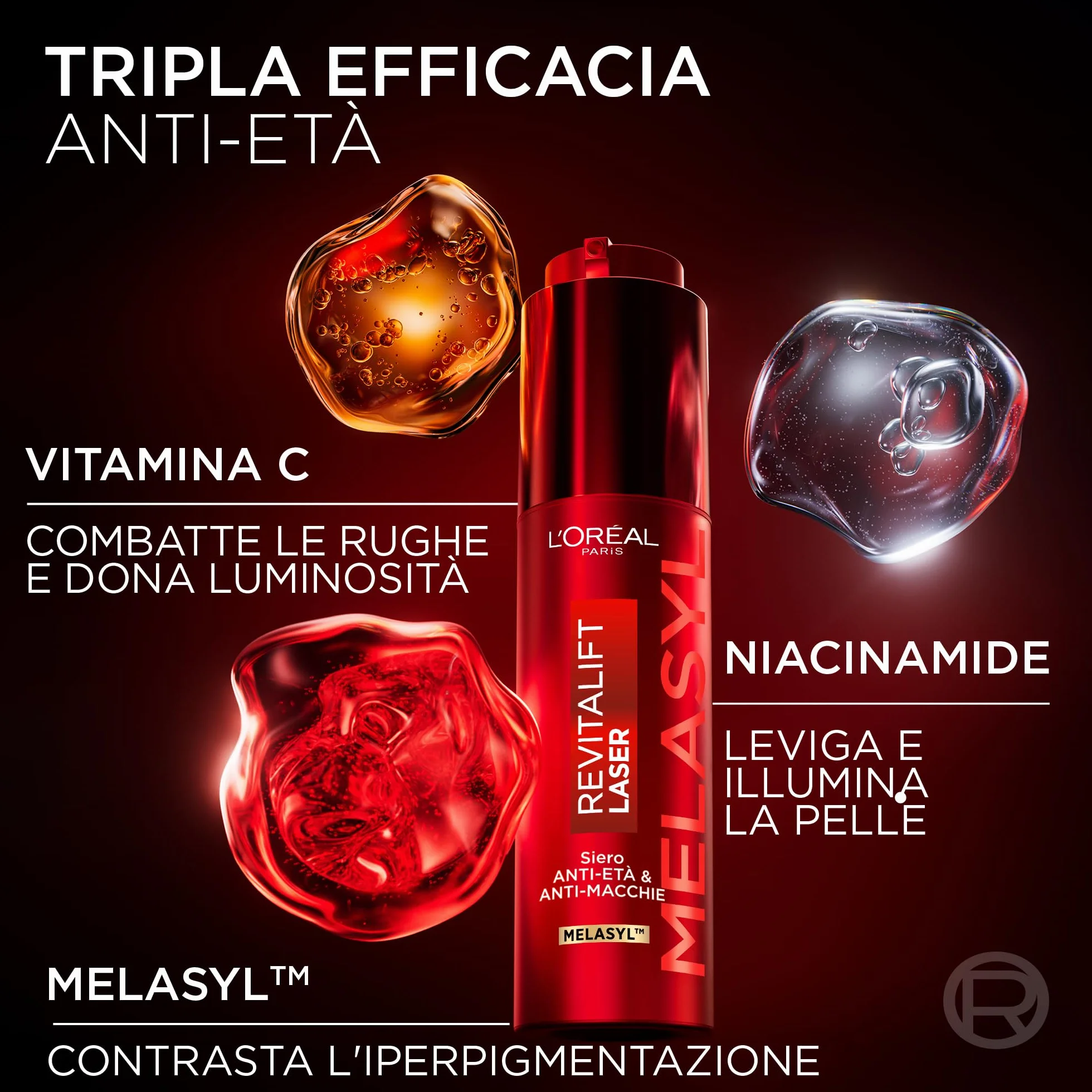 L'Oréal Paris Siero in Crema Anti Età Tripla Azione su Rughe, Macchie e Luminosità, Con Vitamina C, Niacinamide e Melasyl, Revitalift Laser Melasyl, 50ml