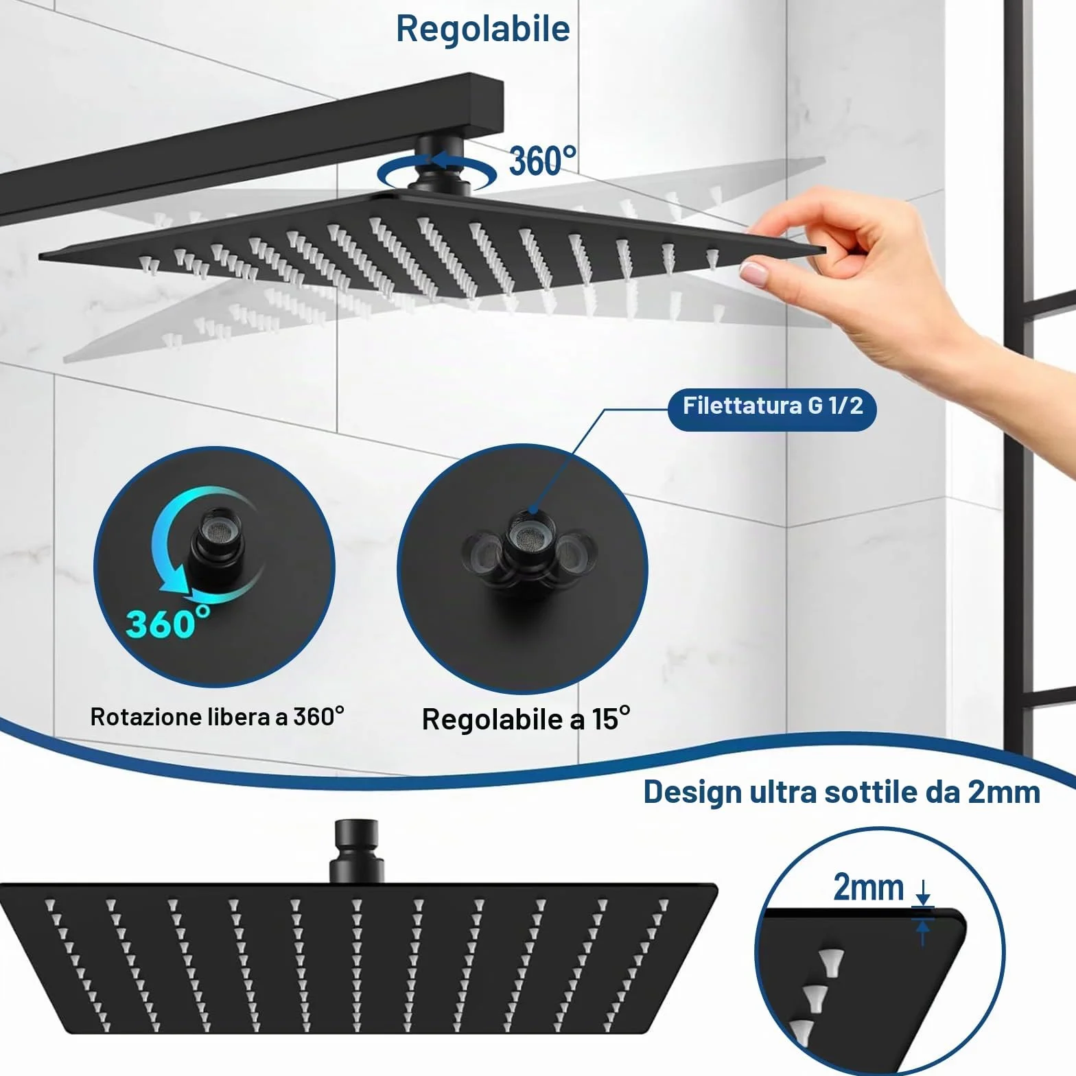 Soffione doccia a pioggia 12 pollici quadrato acciaio inox 304 30x30 cm finitura cromata spazzolata