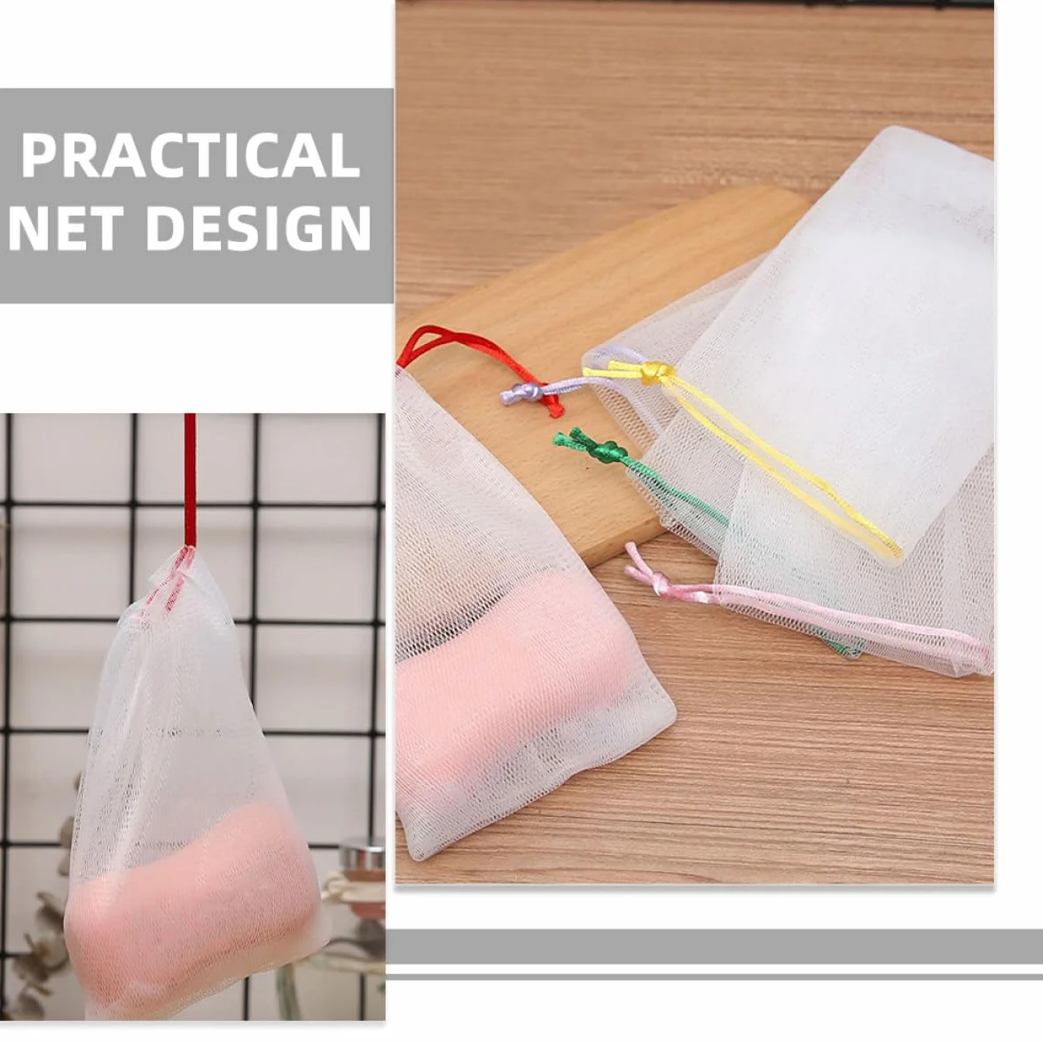 LABRIMP 50 Pezzi Sacchetti Portasapone in Pe Rete Schiumogena la Pulizia del Viso, Design Laccetto Appendibile, Borsa Pratica per Sapone Solido e Detergente