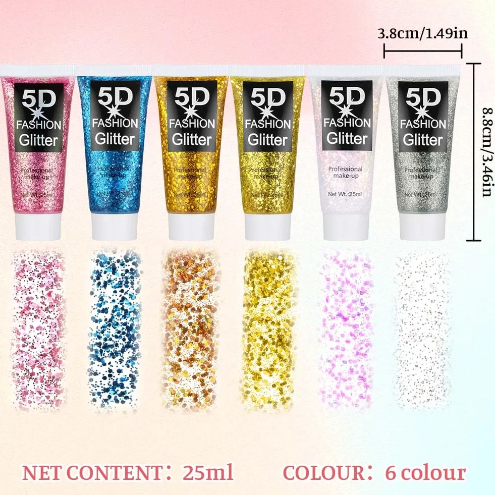Glitter Corpo Gel, 6 Pezzi Gel Sequins Shimmer, Chunky Glitter Gel Glitter per Corpo, Viso, Capelli, Unghie, Chunky Glitter Decorazione per Musica, Festival, in Maschera(B）