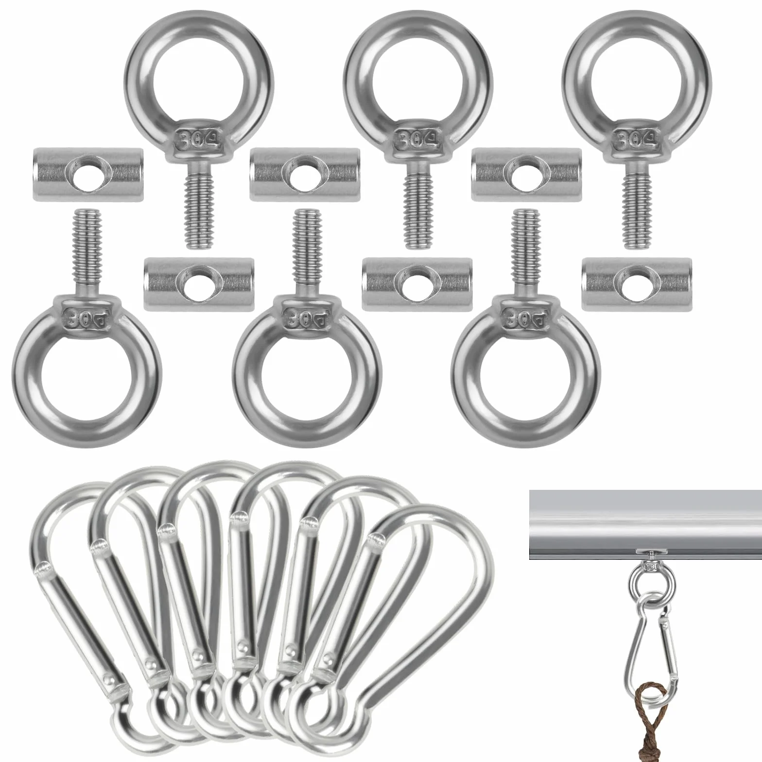 Bullone a Occhiello M4 in Acciaio Inossidabile 304, Golfari Inox con Moschettoni, Kit di Sollevamento per Roulotte Camper