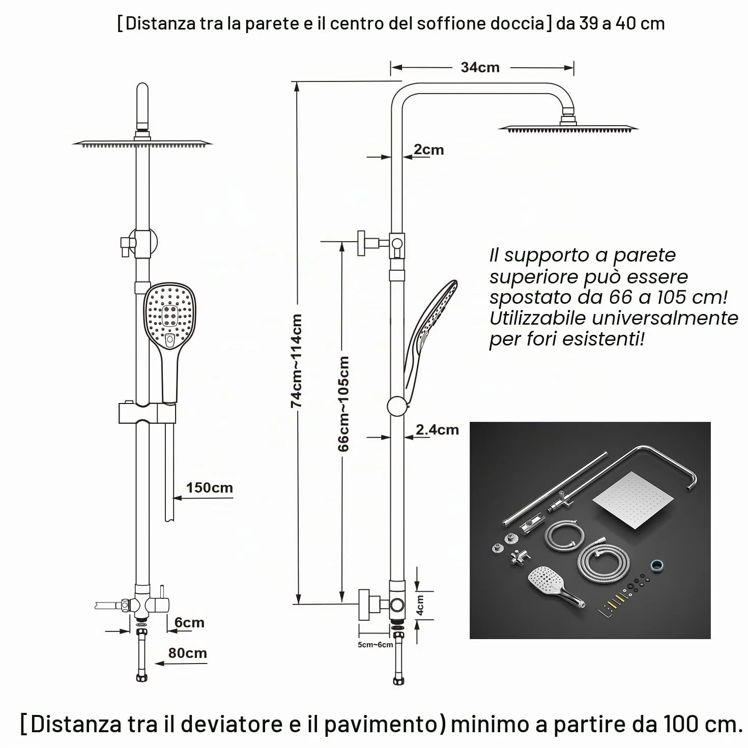 JOHO Colonna Doccia in Acciaio INOX Termostatica Set Soffione 20x20 cm Cromo
