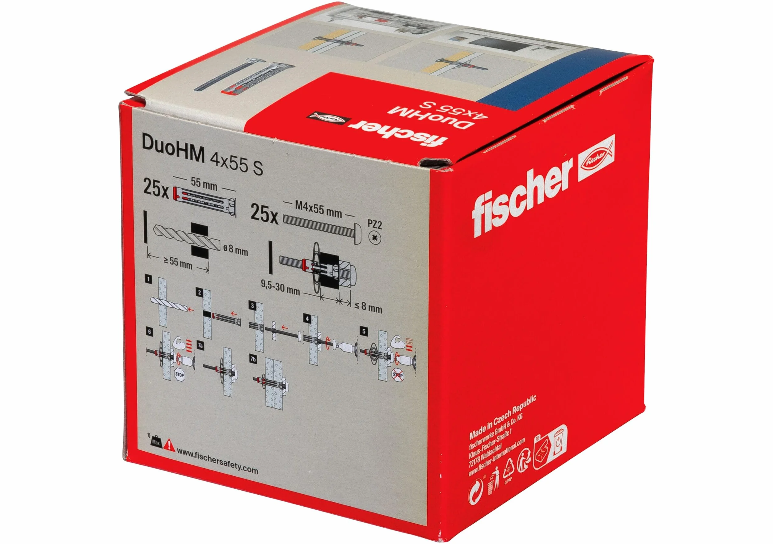 Fischer DuoHM Ø8 mm Vite a Croce POZI M4x55 mm, 25 Tasselli per Cartongesso Metallo e Nylon