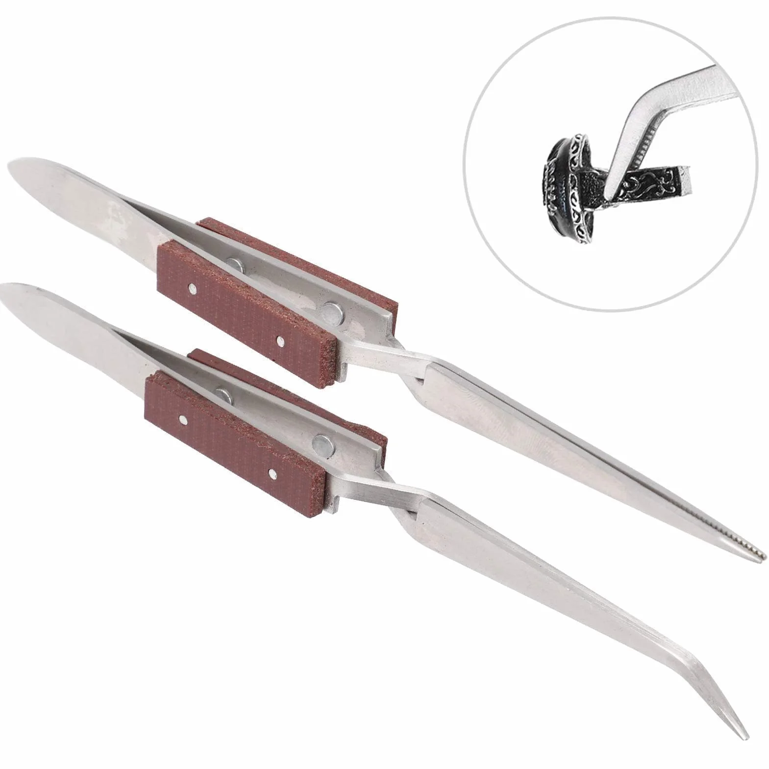 Set di 2 Pinzette per Saldatura Professionali Punta Curva e Dritta
