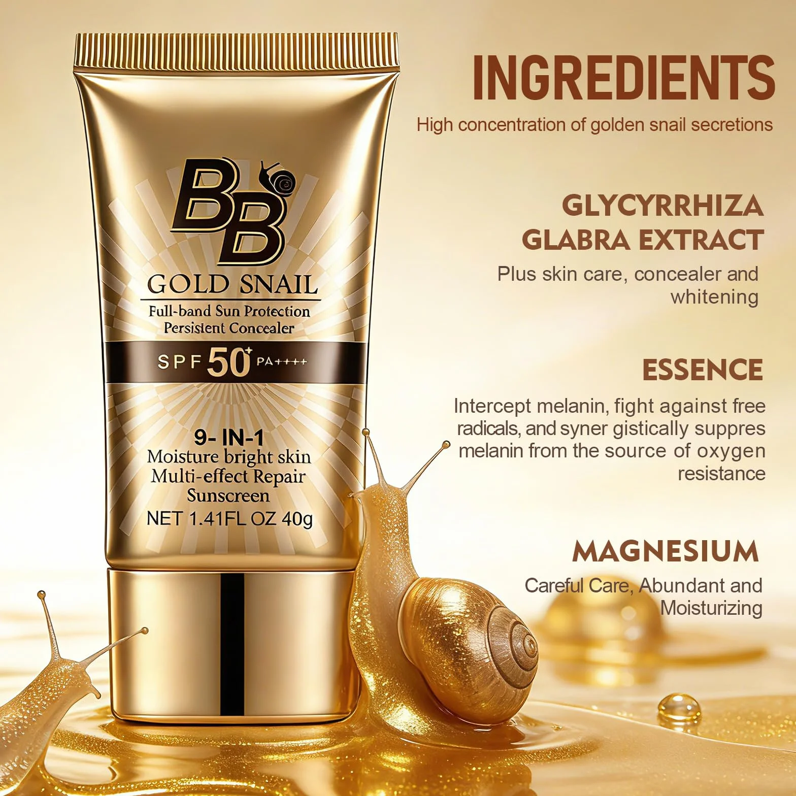 BB Cream Viso SPF 50,Crema Colorata Naturale Con Bava Di Lumaca,Alta Coprenza E Idratazione 24h,Effetto Anti-Lucidità,Fondotinta Compatto Con Protezione Solare,40g,01# Naturale