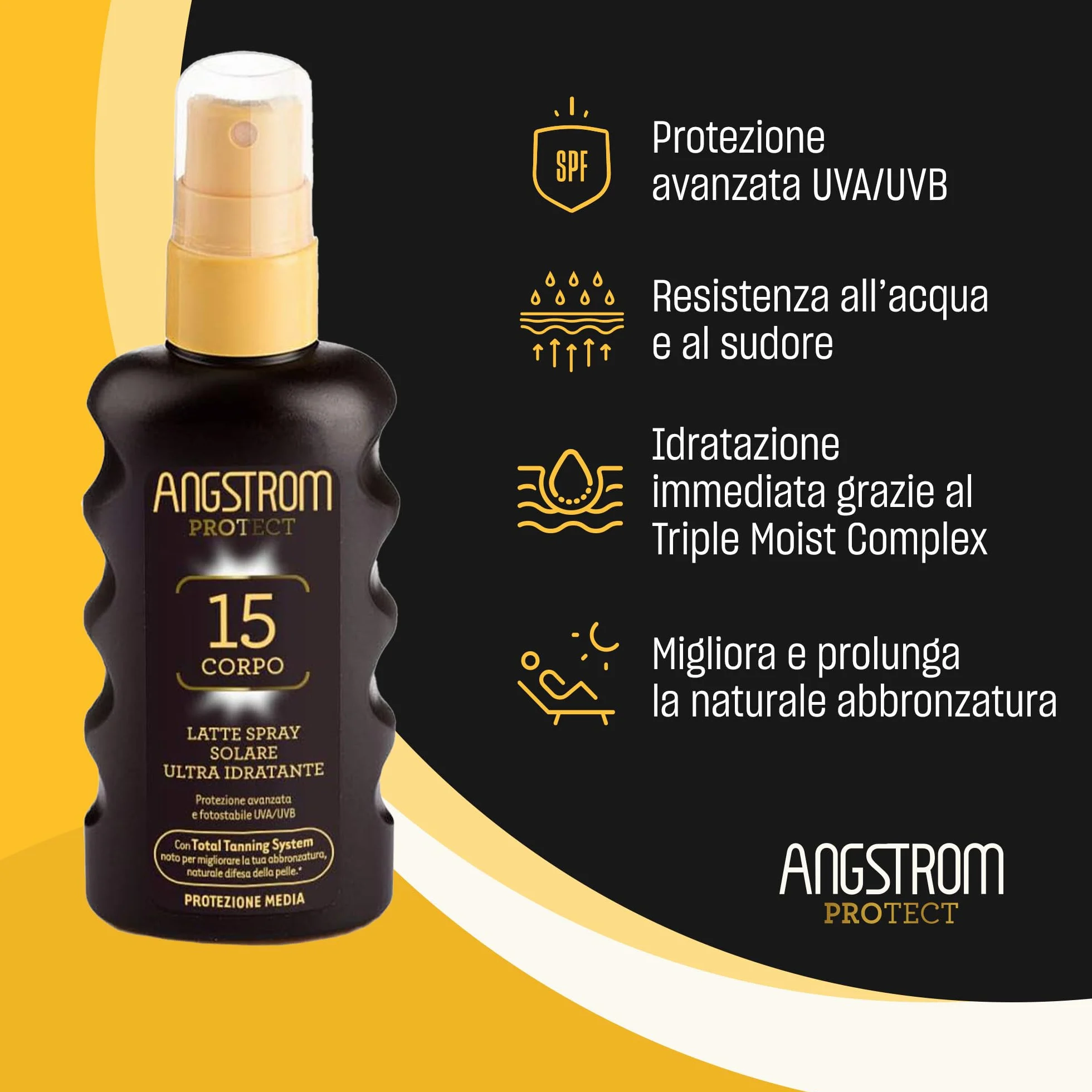 Angstrom Protezione Corpo Latte Spray Solare Ultra Idratante, con Filtri Solari UVA/UVB, Total Tanning System per Migliorare la Naturale Abbronzatura, Dermatogicamente Testato, 175 ml