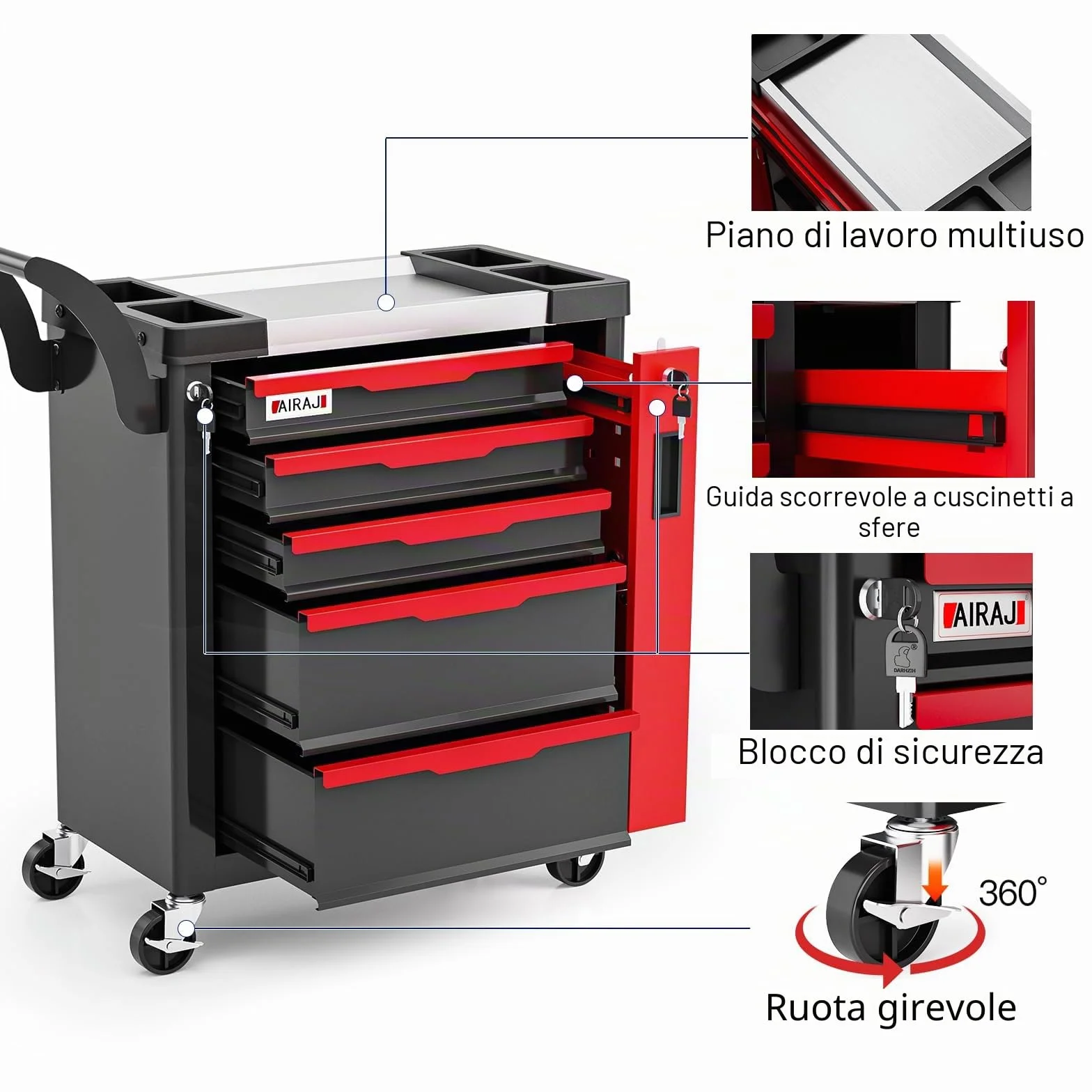 AIRAJ carrello porta attrezzi 5 cassetti con ruote per garage officina