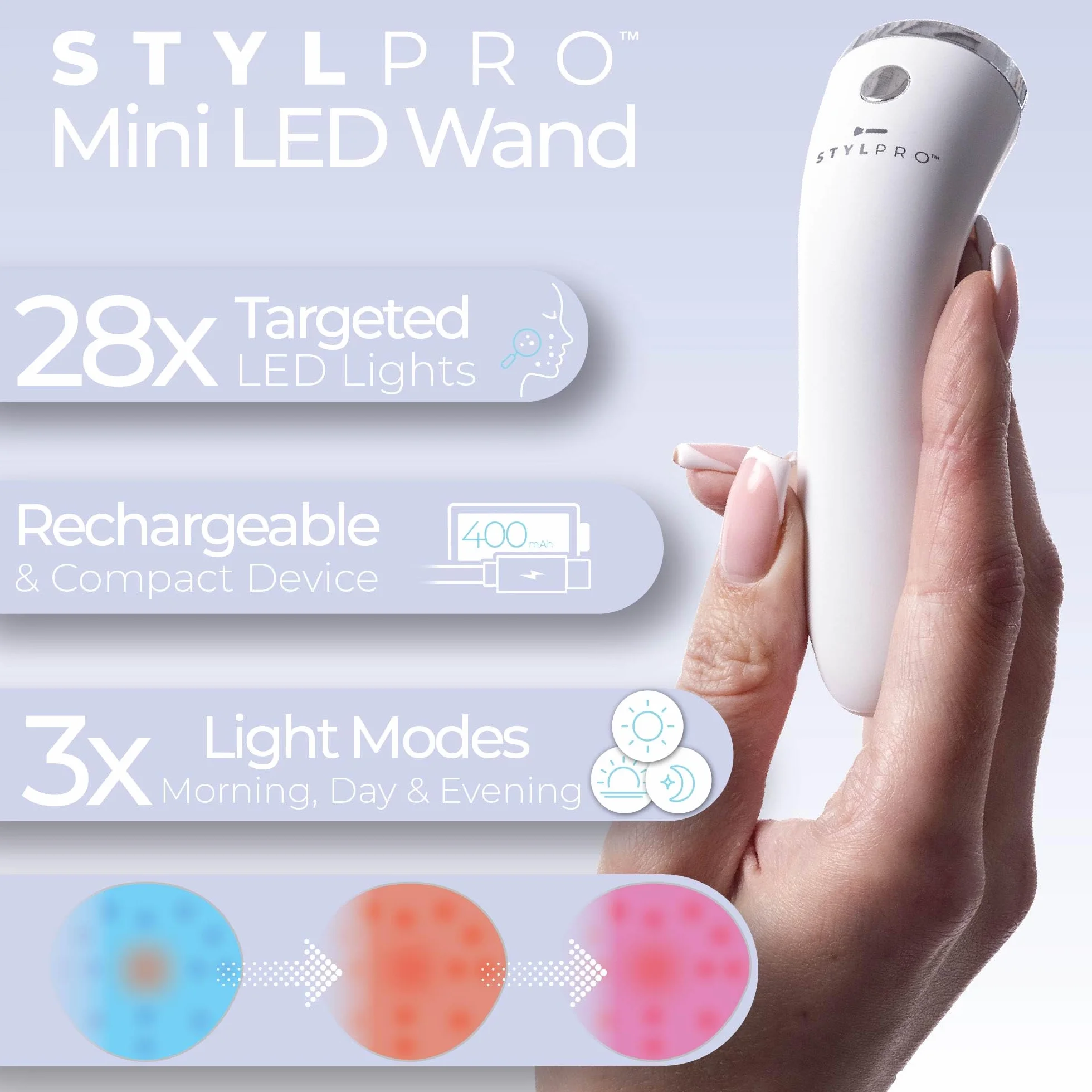 STYLPRO Mini LED Wand – Terapia della luce blu per la cura della pelle, aiuta a ridurre macchie, infiammazioni e arrossamenti, 3 modalità, 28 LED ad alta potenza, NIR, ricaricabile, compatto