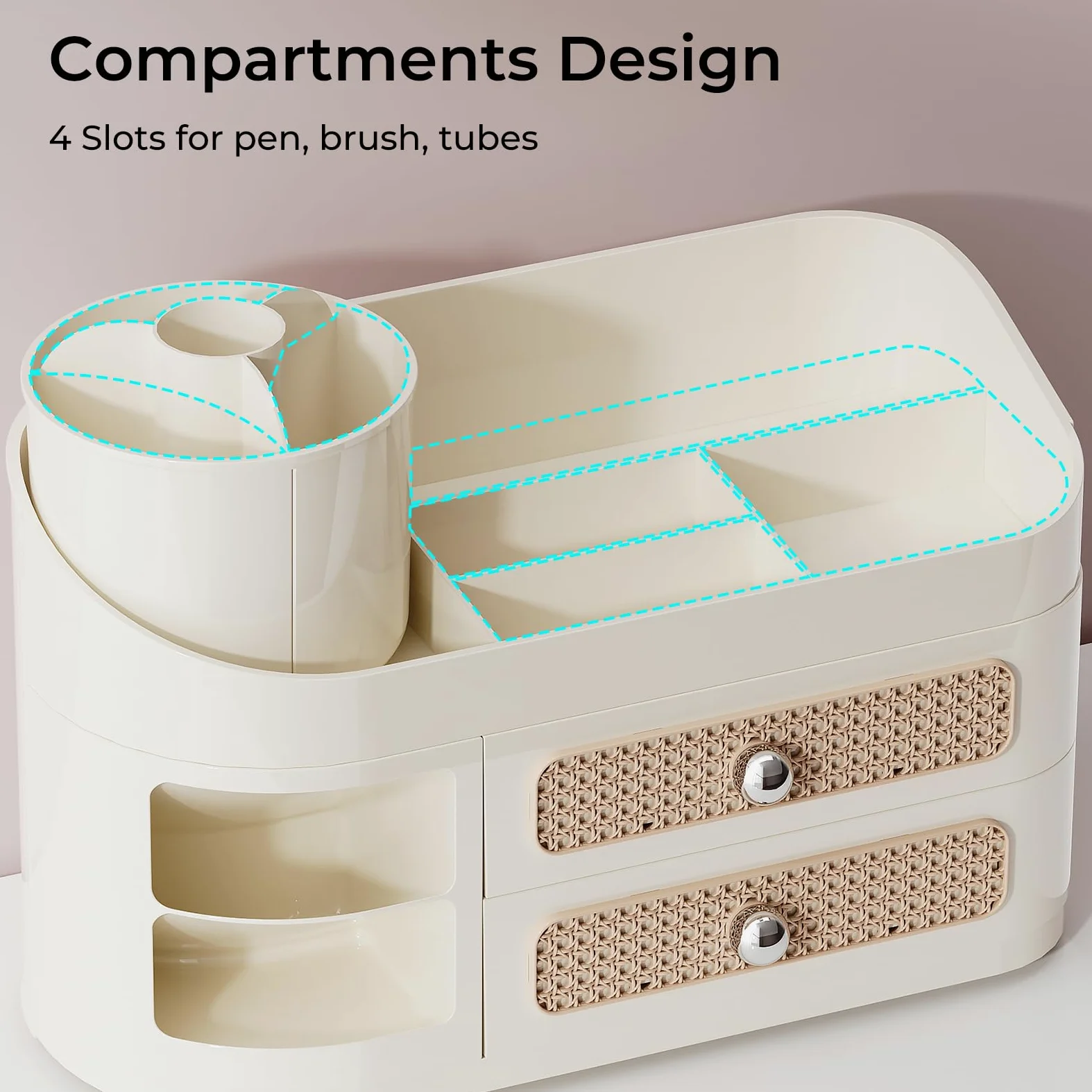UFORU Organizer per trucchi da toeletta con porta pennelli rotante, organizer per la cura della pelle con 2 cassetti, spaziosa vetrina per profumi, palette di ombretti, smalti per unghie
